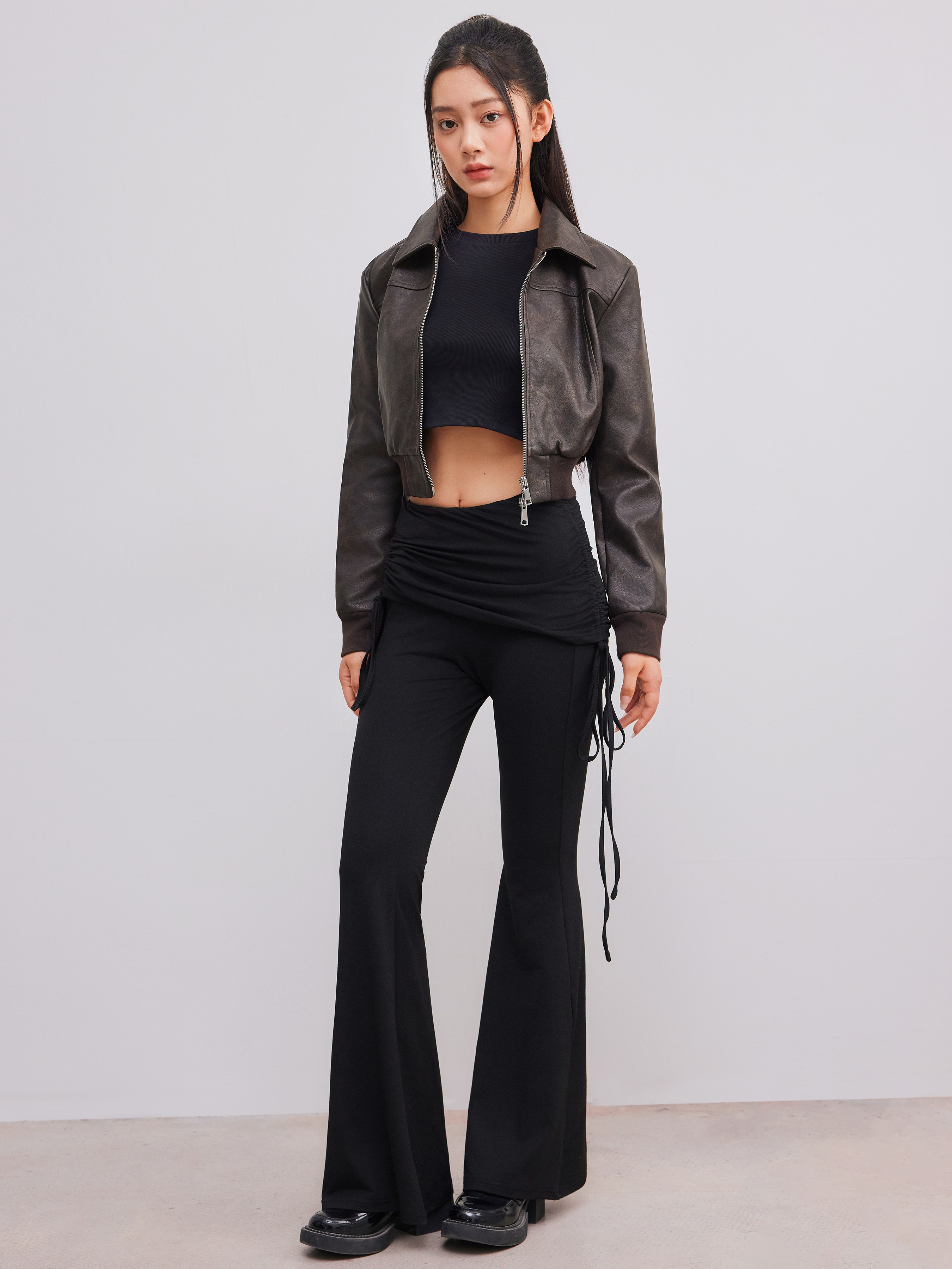Jersey High Waist Knotted Ruched Flared Pants