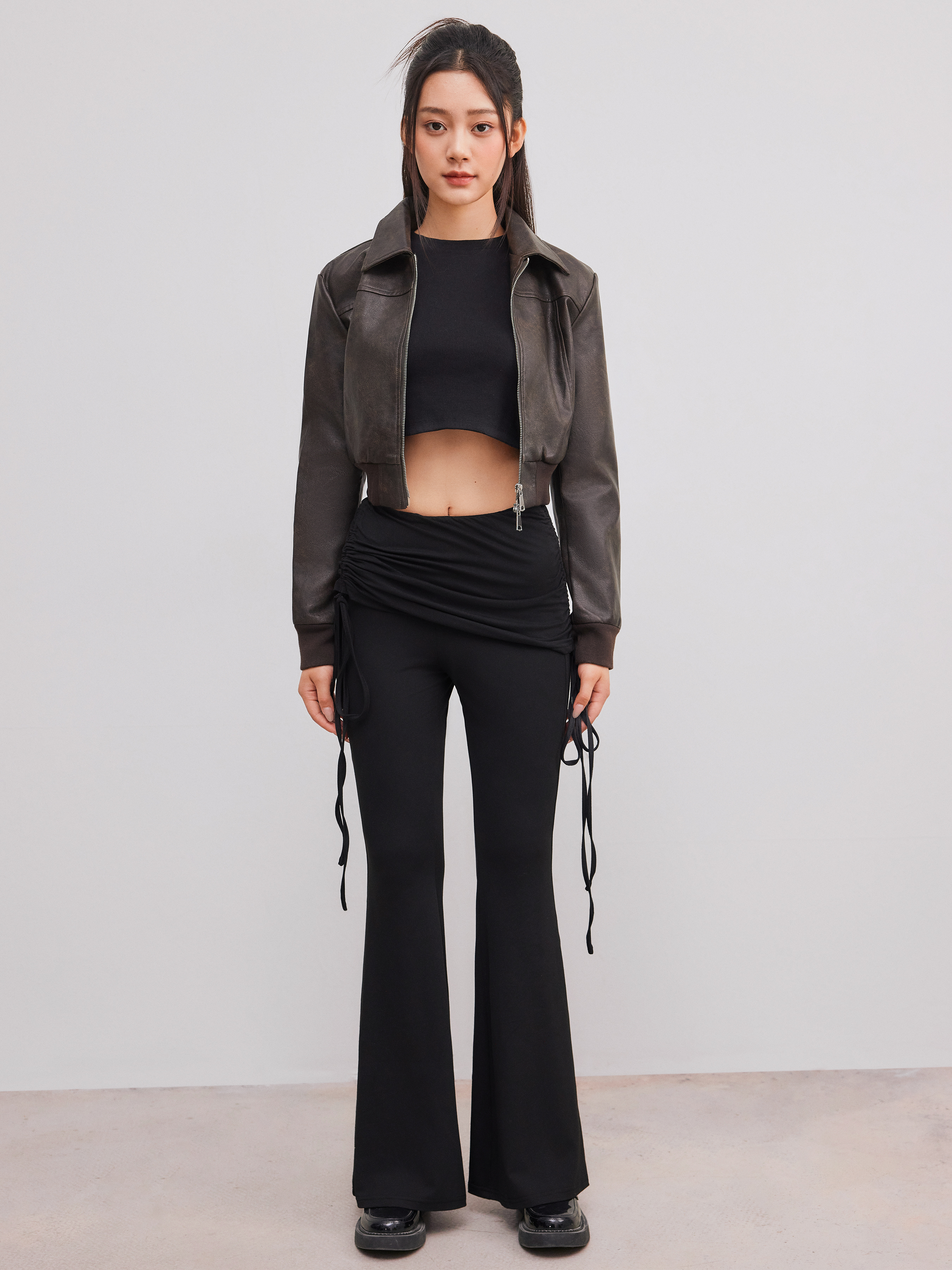 Jersey High Waist Knotted Ruched Flared Pants