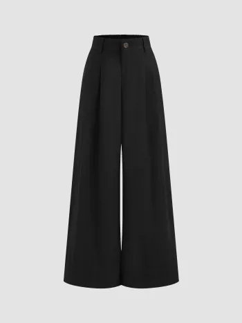 Silk-blend High Rise Solid Pocket Pleated Wide Leg Trousers