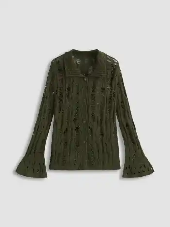 Knit Collar Ripped Hollow Out Oversized Cardigan