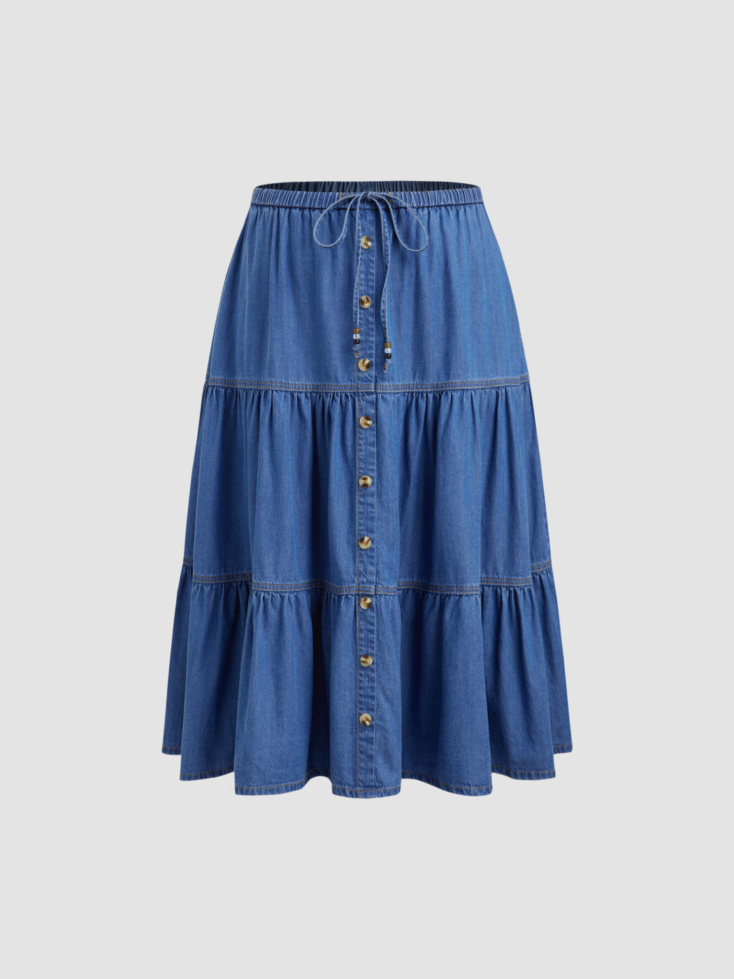 Denim Mid Rise Ruffle Tiered Pocket Maxi Skirt Curve & Plus