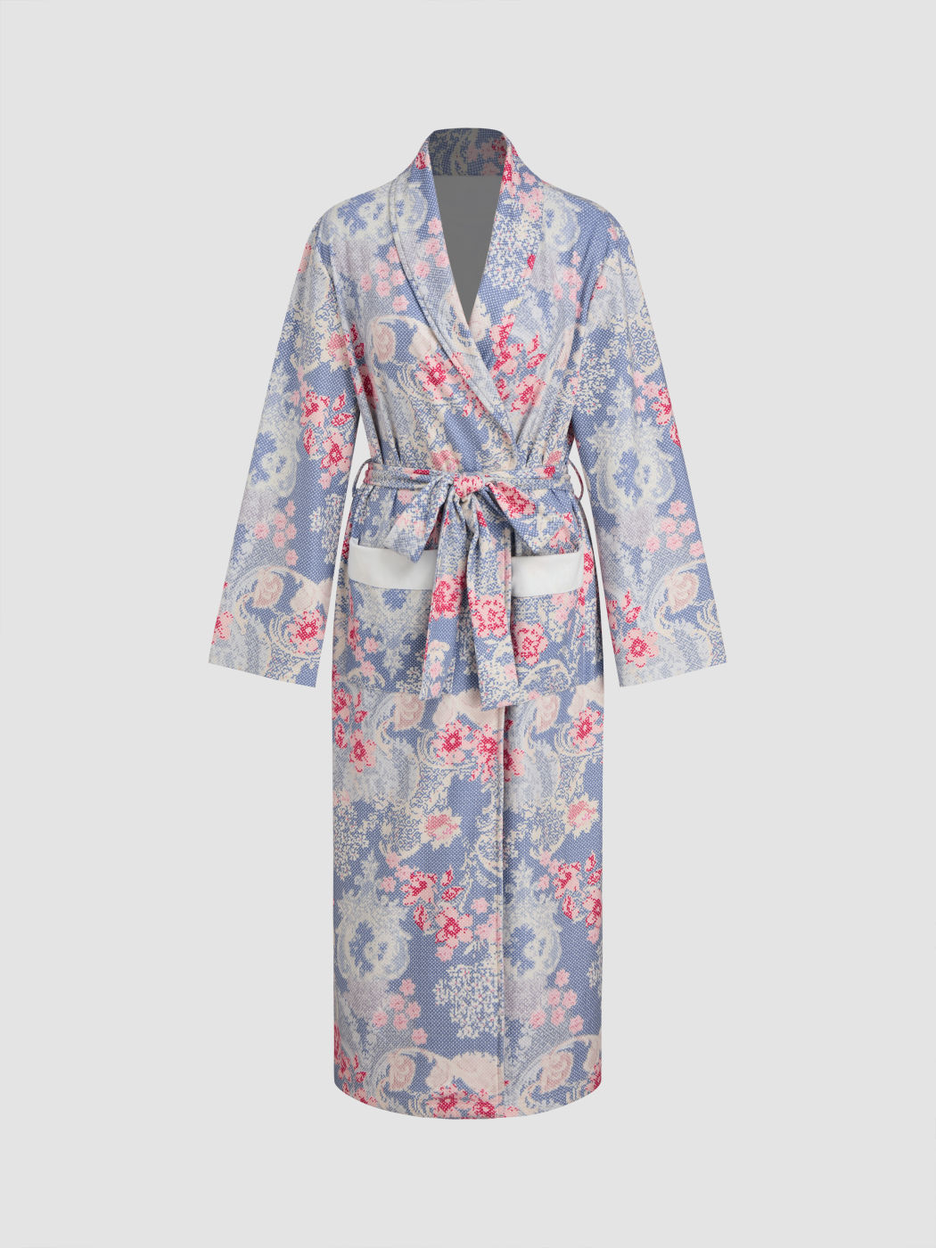 Kord-V-Ausschnitt Blumen-Robe mit Gürtel