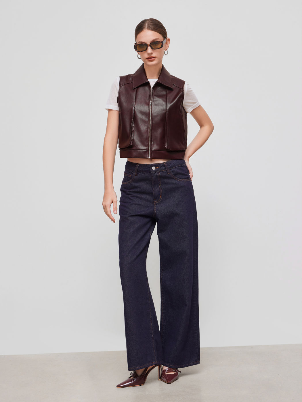 Faux-Lederkragen Crop Jacke Weste