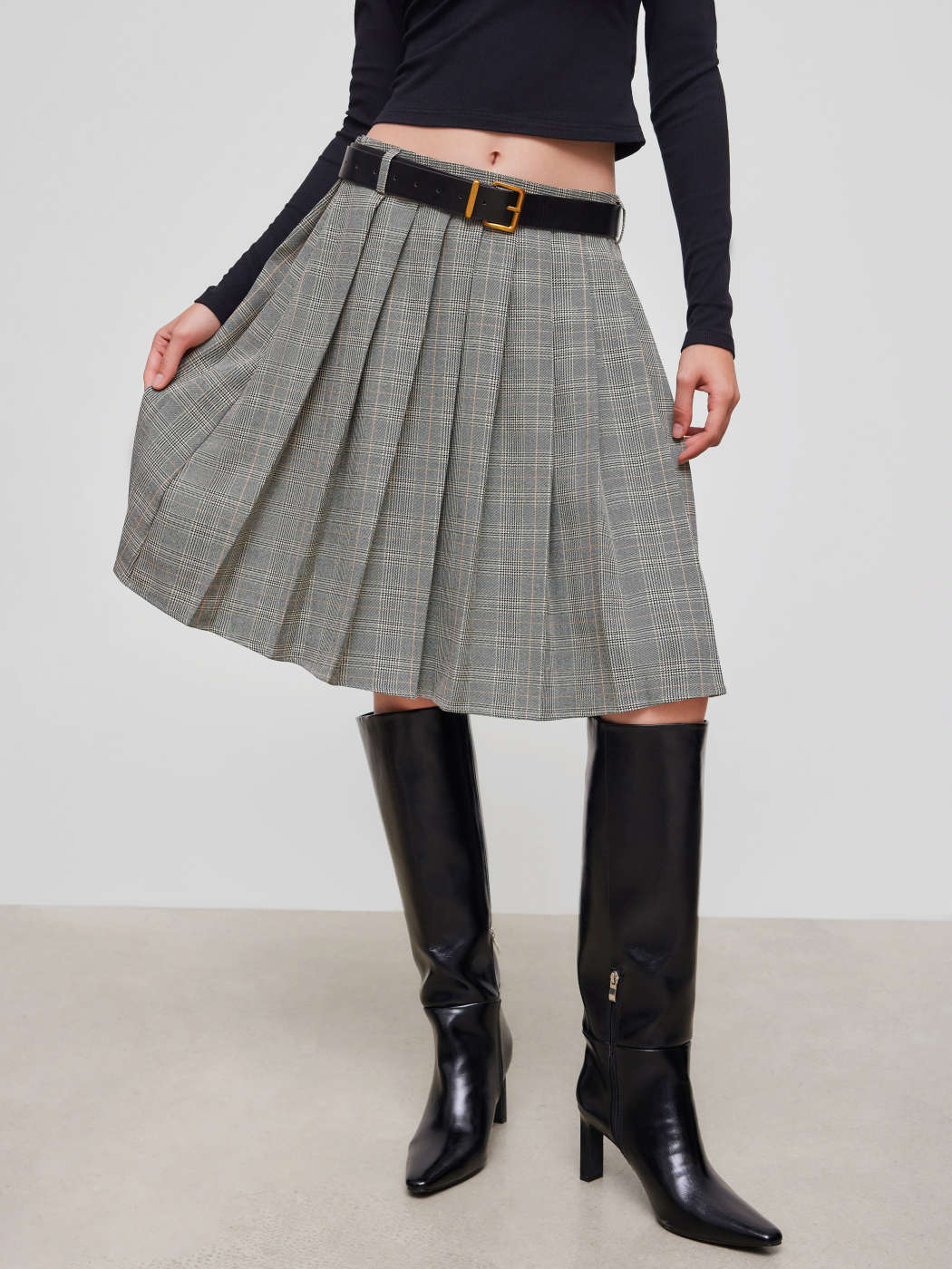 Woven Mid Rise Tartan Pleated Midi Skirt With Belt For Work
