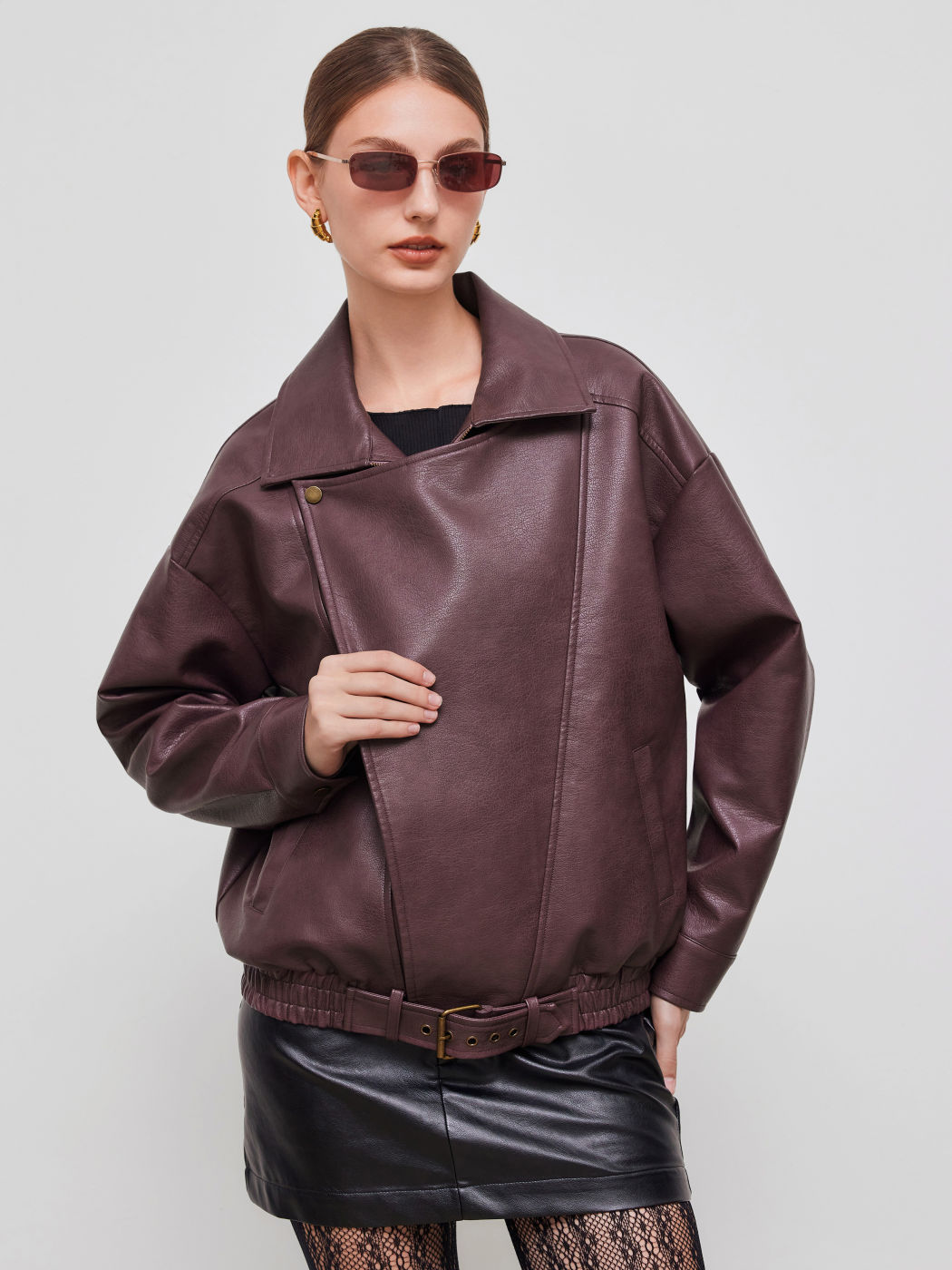 Faux Leather Collar Solid Belted Pocket Biker Jacket