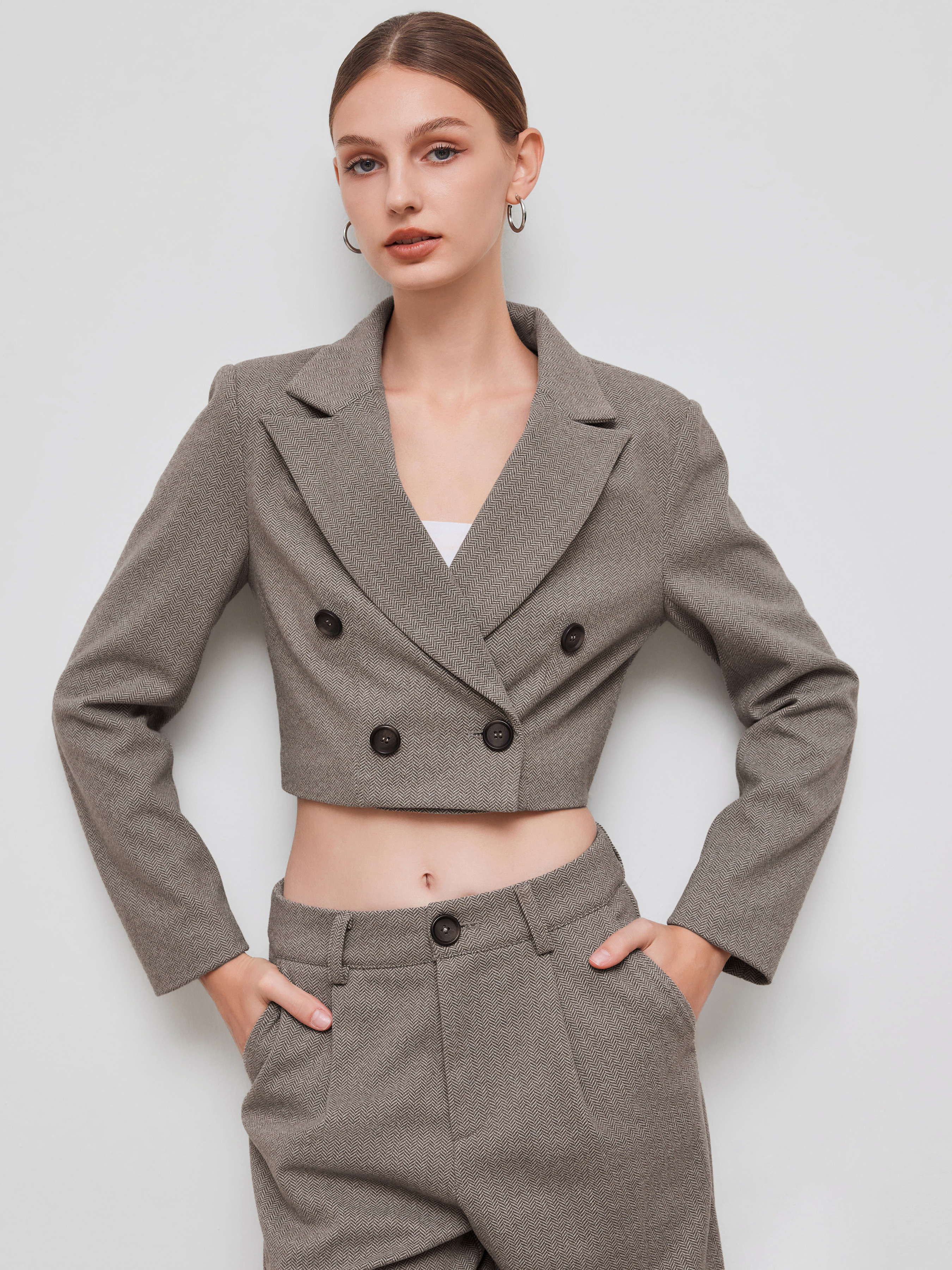 【2plan】Rondel Wool Crop Blazer Woven Collar Solid Button Crop Blazer For Work