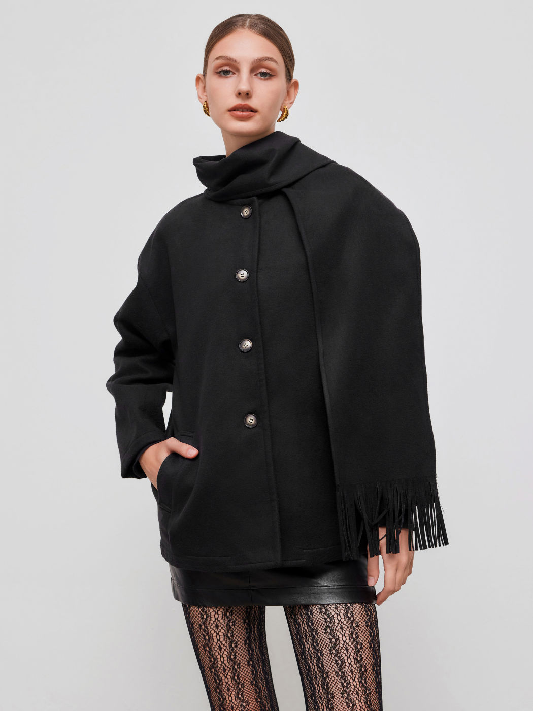 Woll-Look Rundhals Oversized Jacke mit Fransen Schal