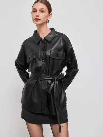Faux Leather Oversized Shacket With Belt