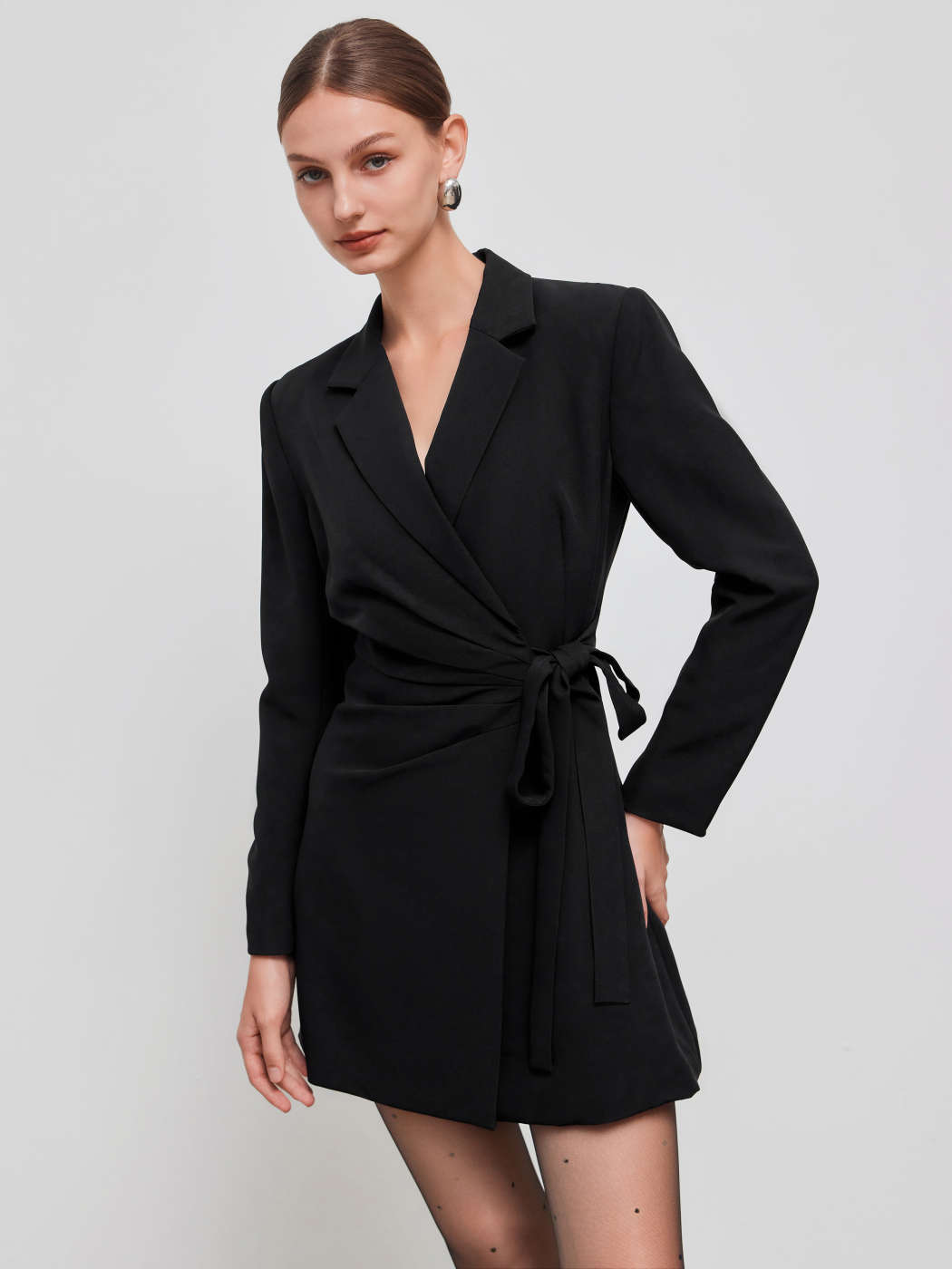 Woven Notched Collar Solid Knotted Blazer Mini Dress For Work