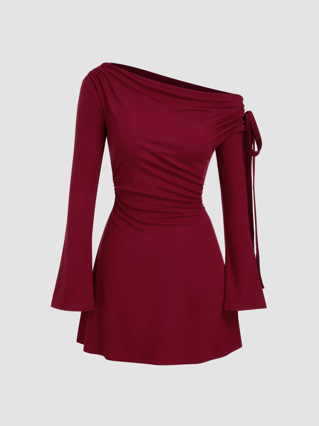 Asymmetrical Neck Ruched Knotted Mini Dress
