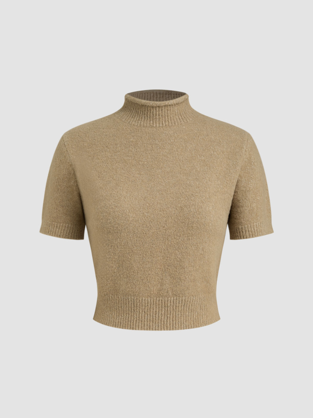 Wollmix Kurzarm Crop Top mit Hohem Kragen