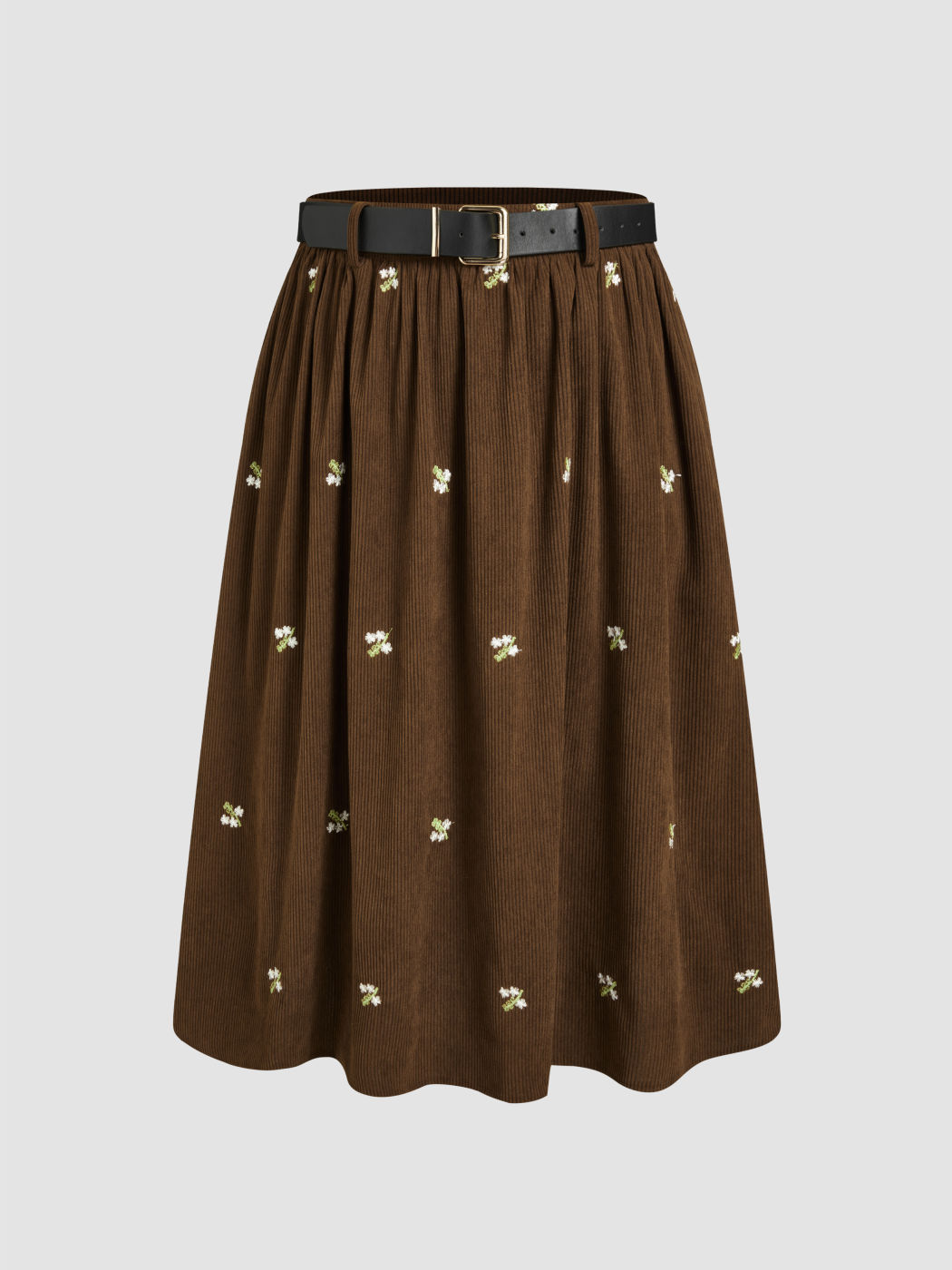 Corduroy Mid Rise Floral Embroidery Ruffle Maxi Skirt With Belt
