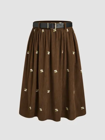 Corduroy Mid Rise Floral Embroidery Ruffle Maxi Skirt With Belt