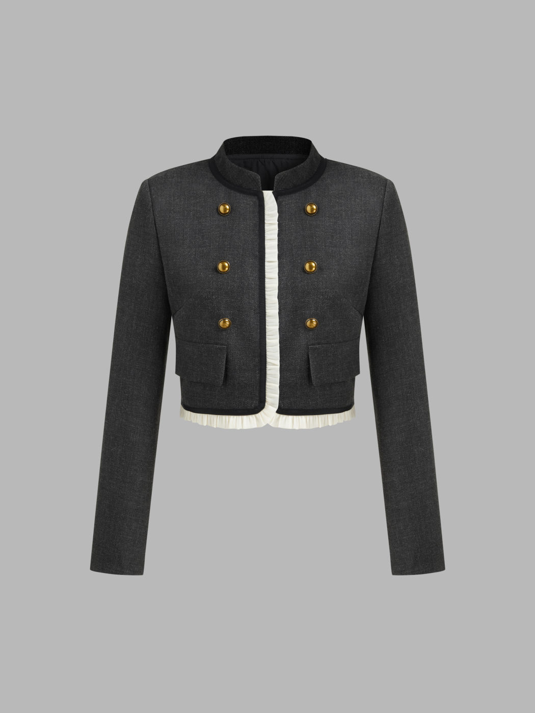 Top cropped in tweed con rilegatura a pieghe a contrasto