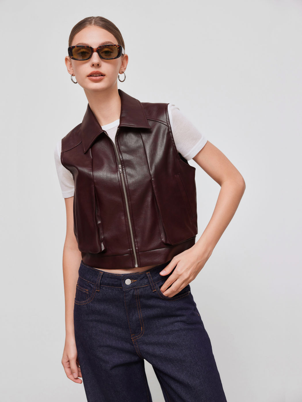Faux-Lederkragen Crop Jacke Weste
