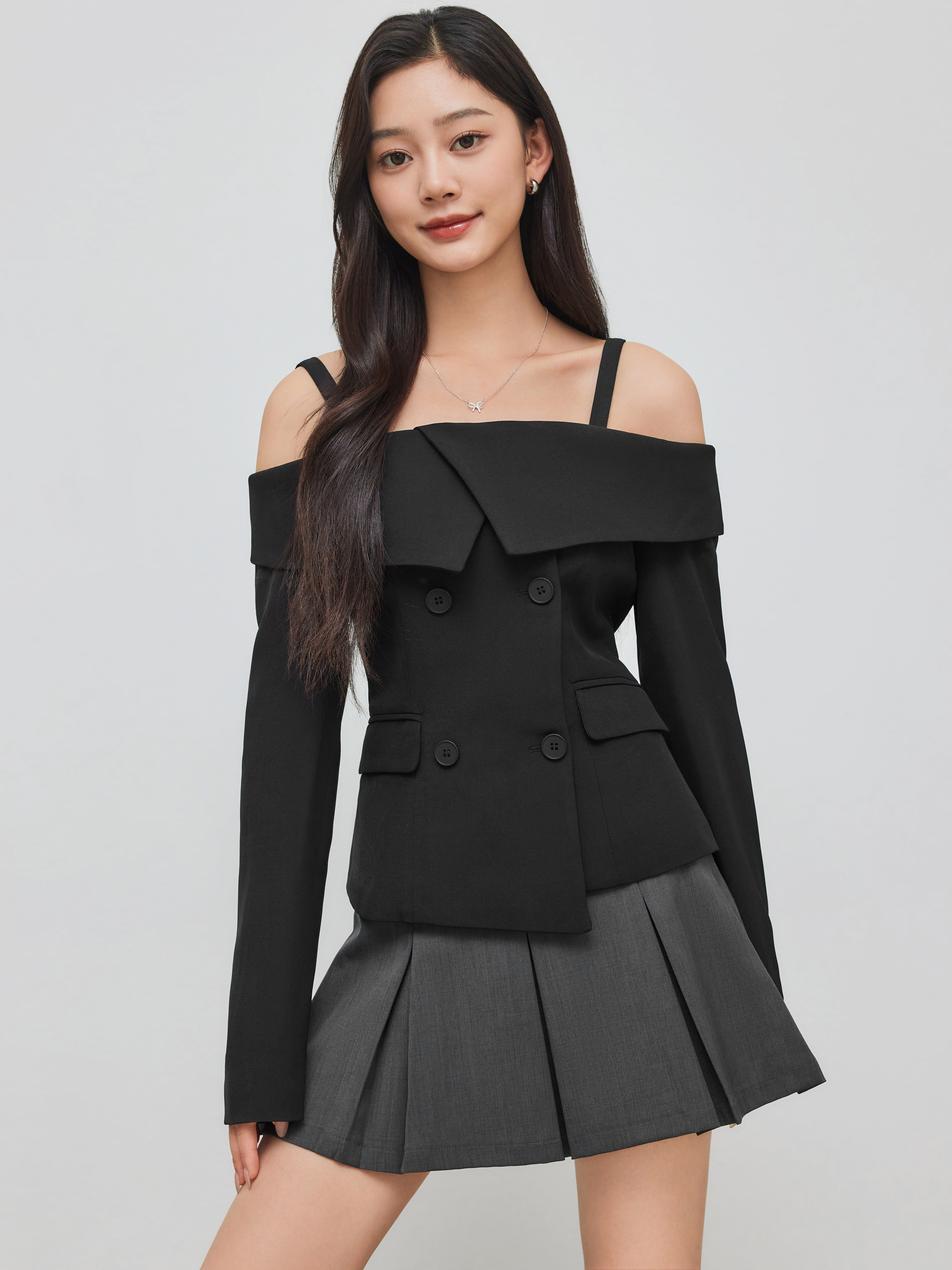 Woven Solid Off-shoulder Button Blazer For Daily Casual