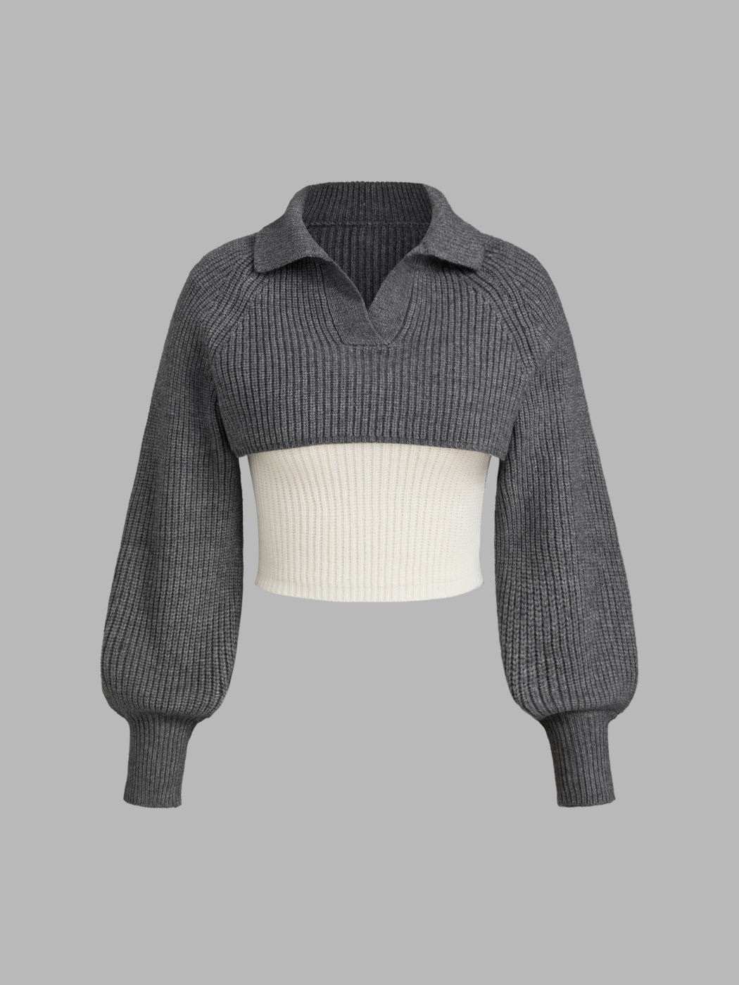 Knit Collar Solid Long Sleeve Crop Top & Solid Cami Top