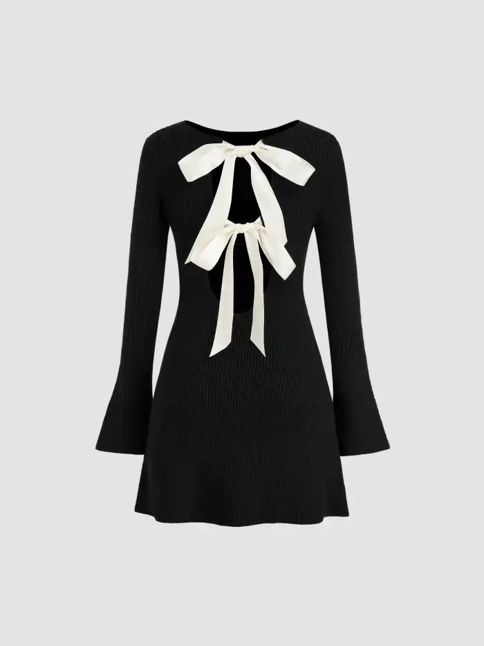 Knit Boat Neck Tie Back Bowknot Backless Mini Dress