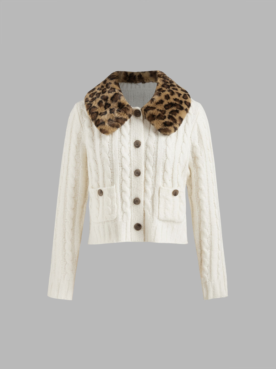 Kabelstrick Oversized Strickjacke mit Leoparden Kunstfellkragen