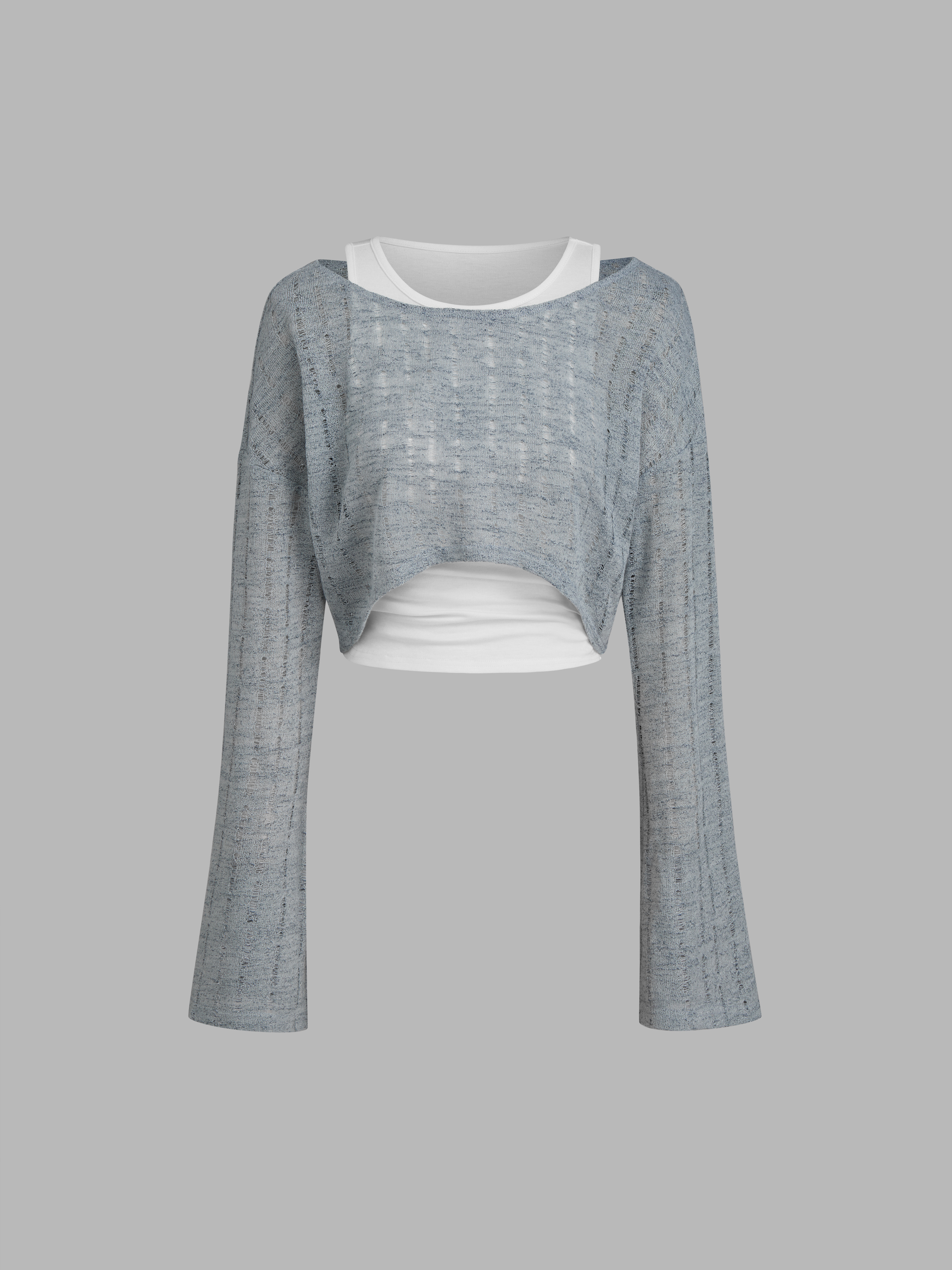 Knit Fabric Lace See-through Lace Long Sleeve Tee & Halter
