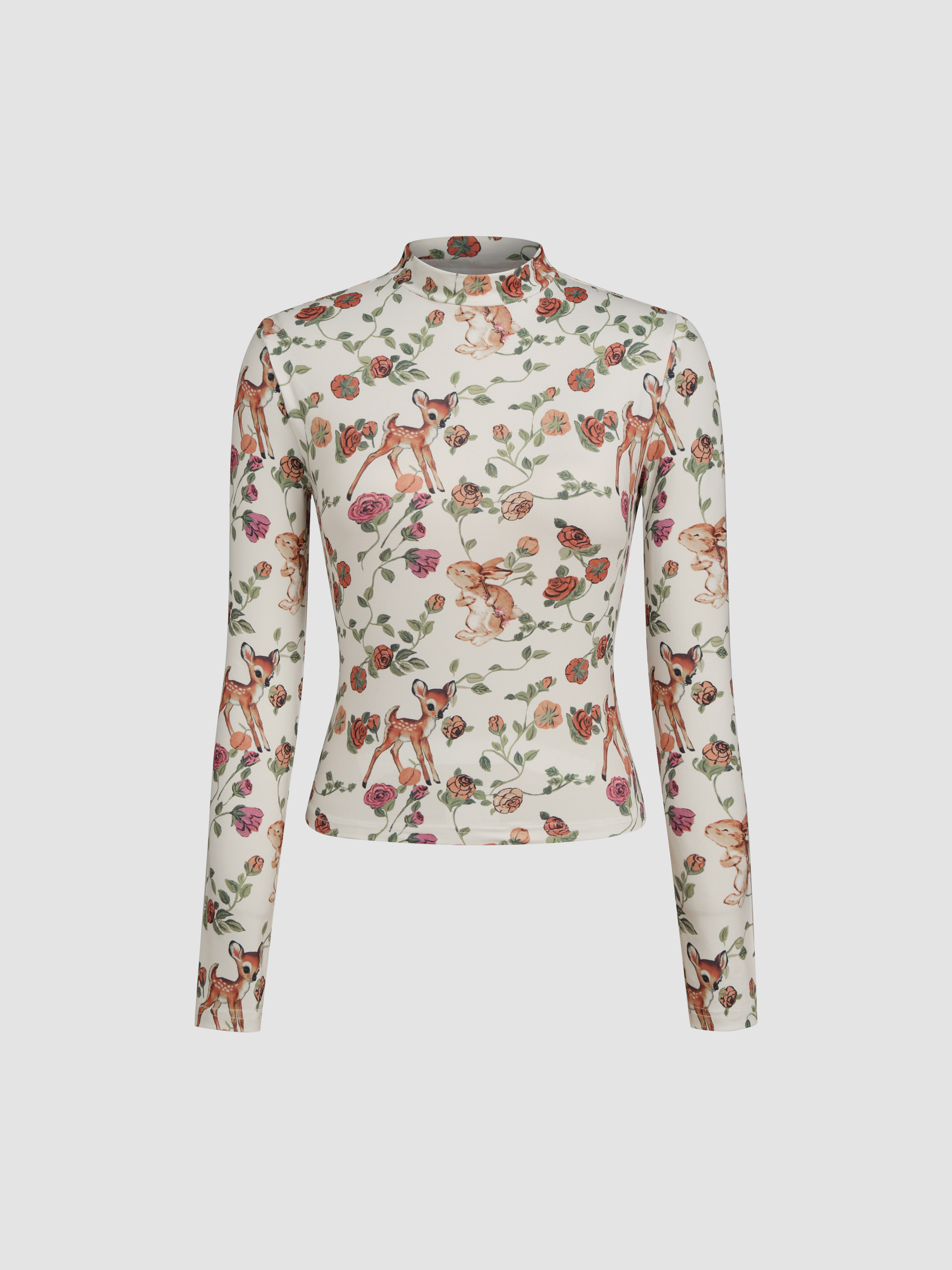 High Neck Rose & Rabbit & Deer Print Long Sleeve Top