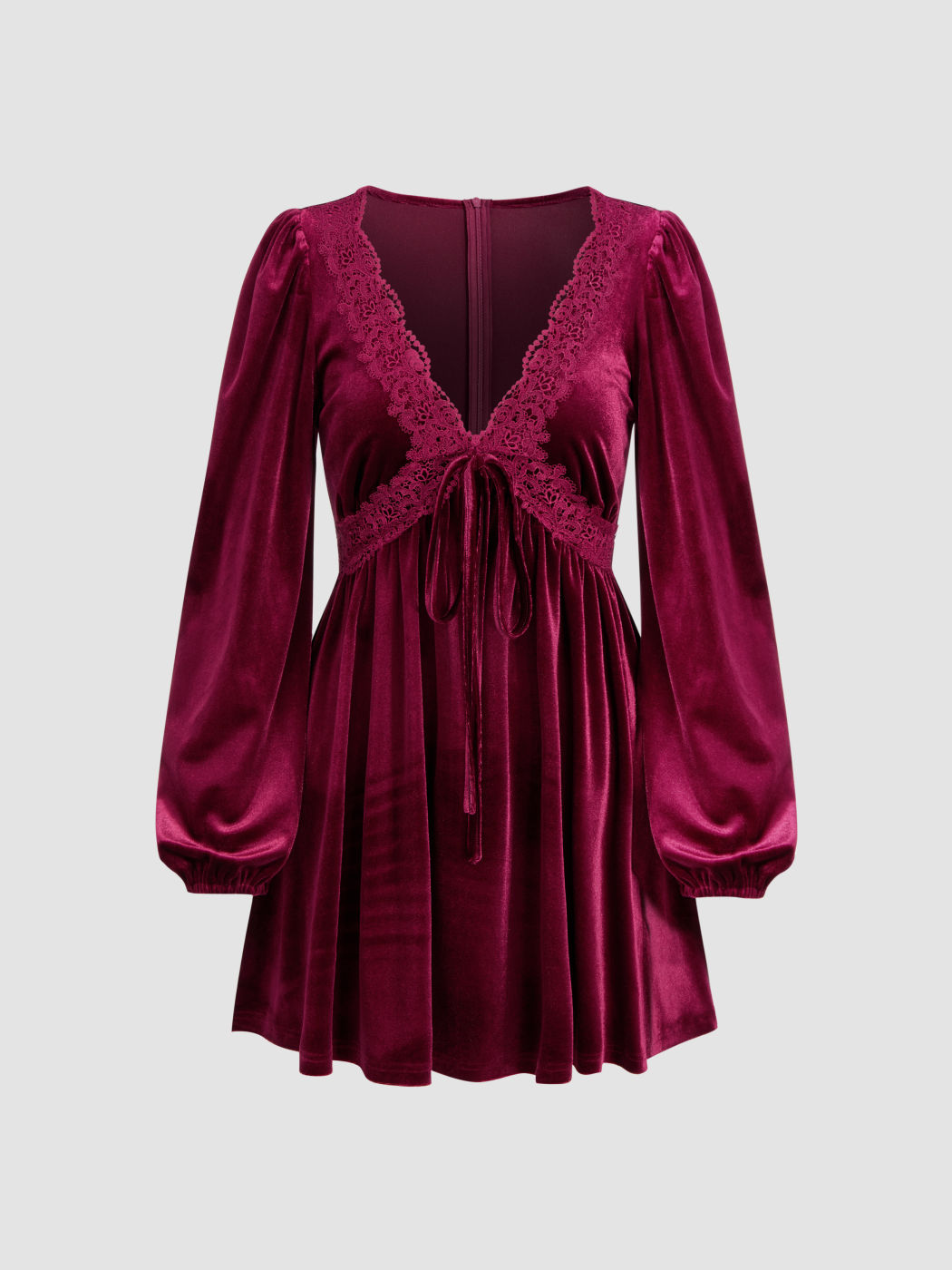Velvet V-neck Knotted Lace Ruffle Mini Dress