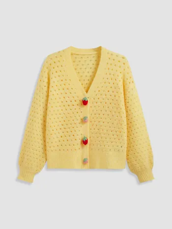 Wool-blend V-neck Solid Strawberry Button Hollow Out Knitted Cardigan Curve & Plus