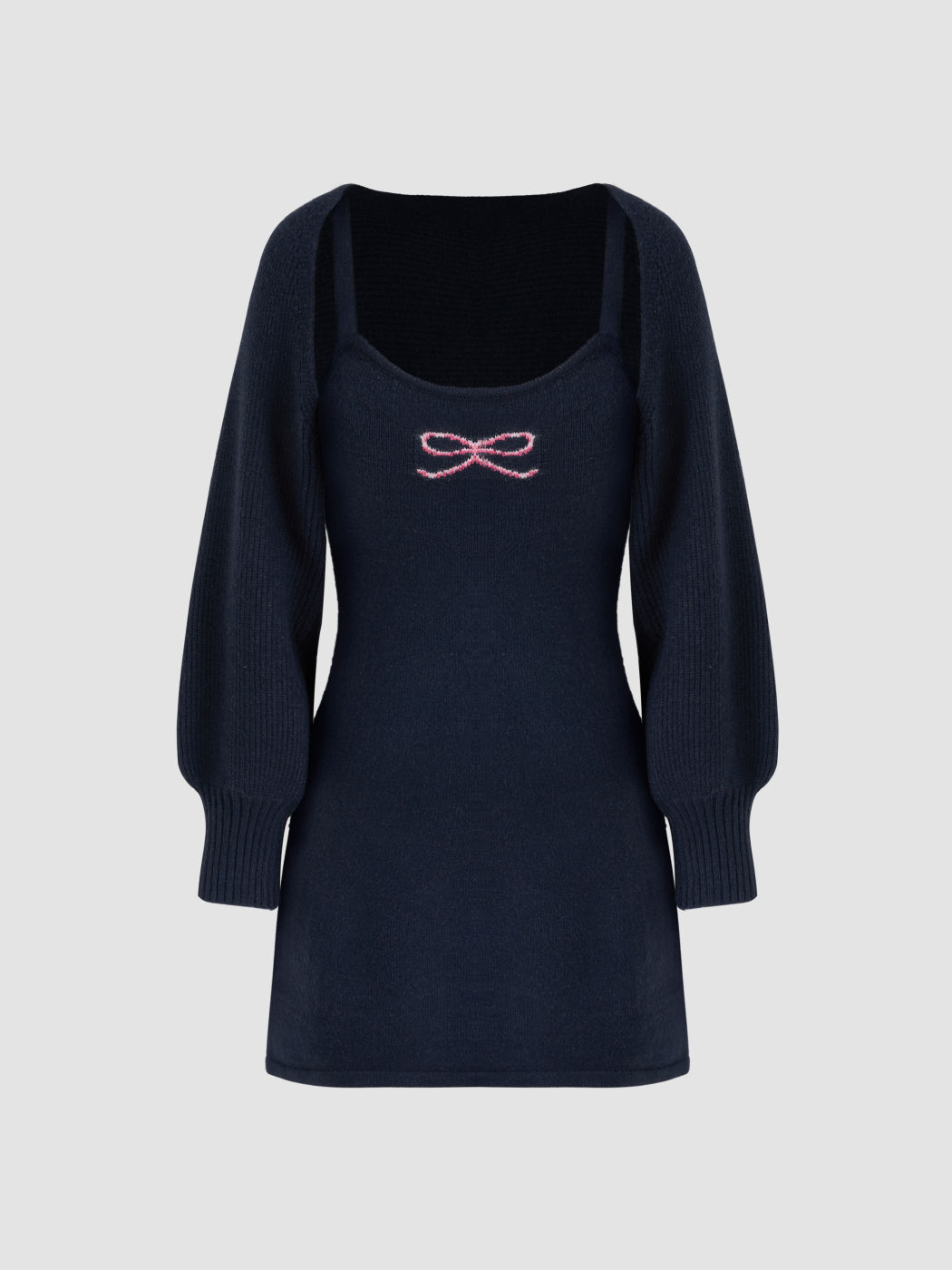 Knit Bowknot Pattern Mini Dress & Long Sleeve Shrug Set