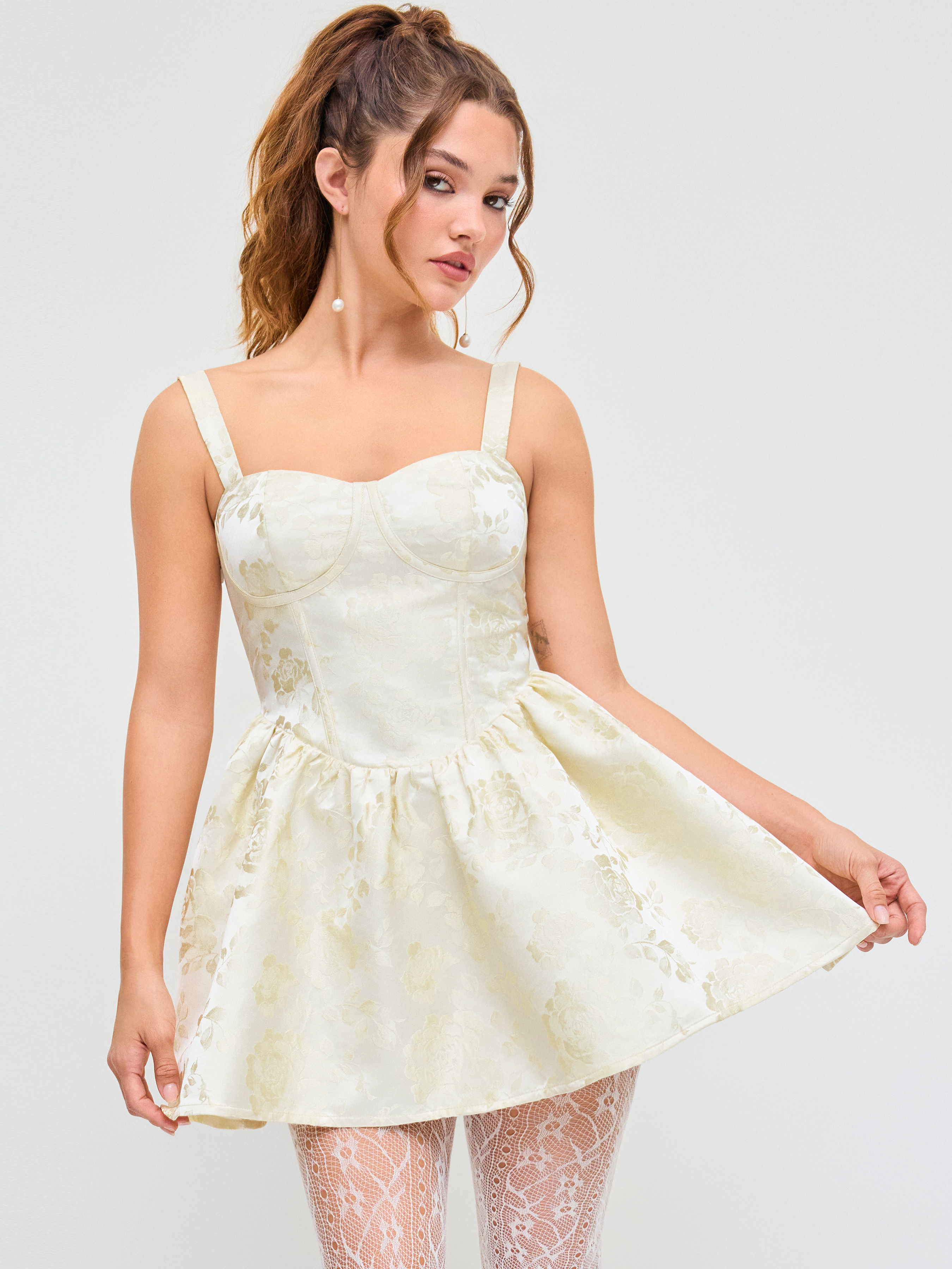 Jacquard Floral Bow Lace Trim Mini Dress For Daily Casual