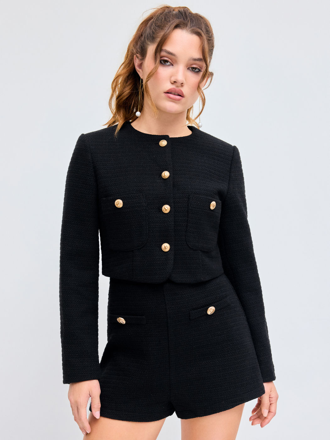 Tweed Round Neckline Solid Button Pocket Jacket