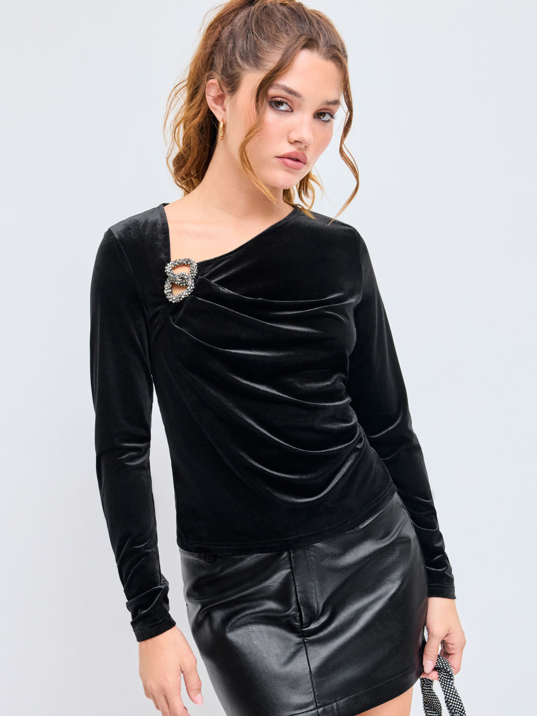 Velvet Asymmetrical Neck Buckle Long Sleeve Top