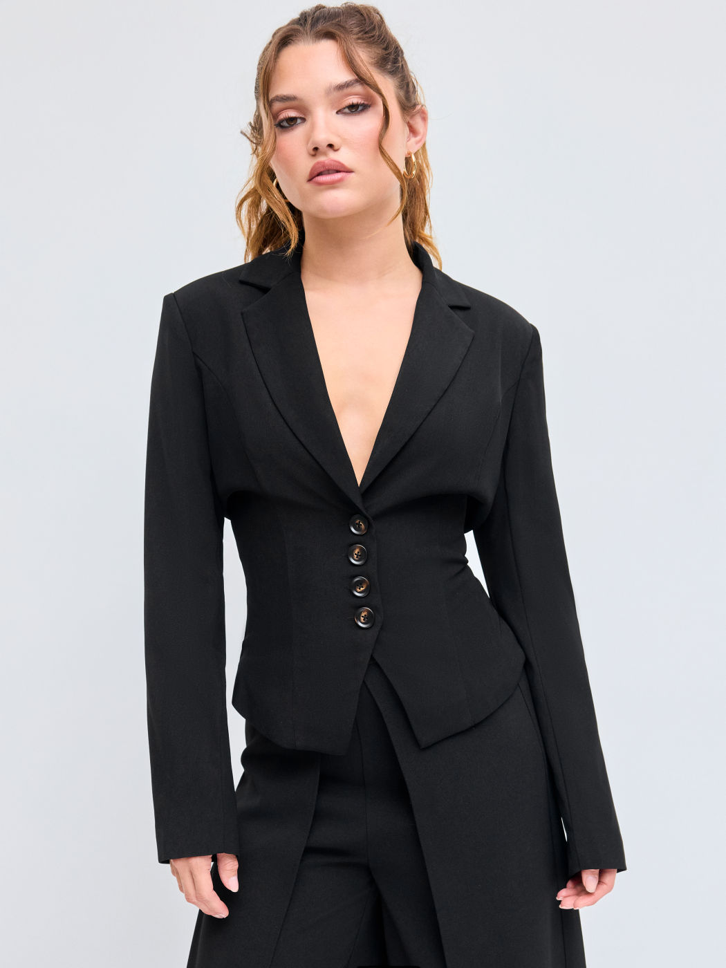 Gewebter Kragen Solid Lace Up Button Blazer