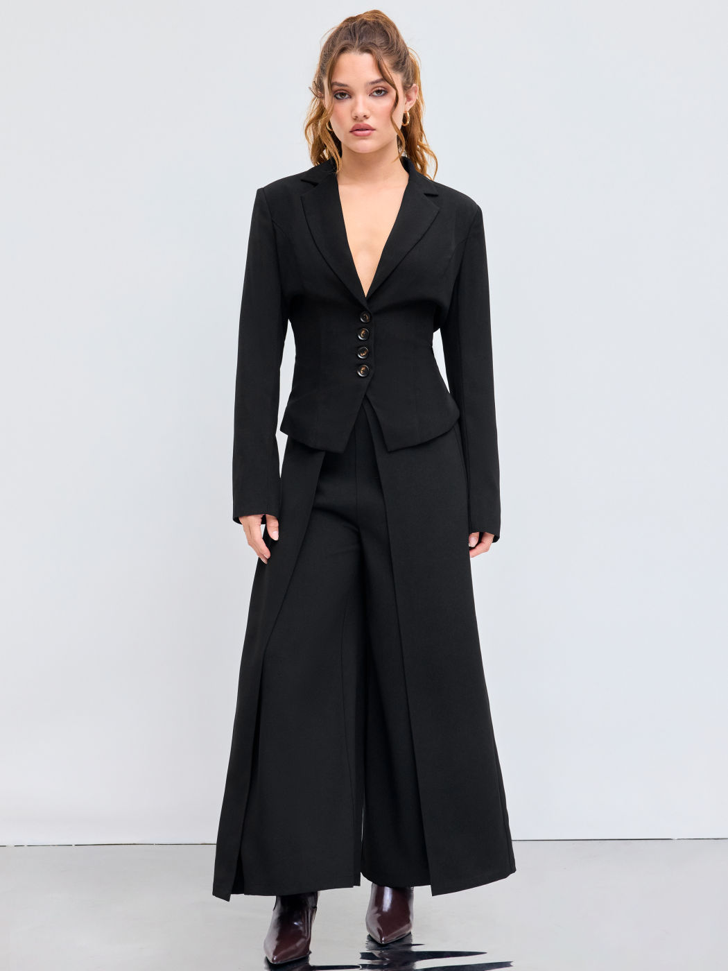 Gewebter Kragen Solid Lace Up Button Blazer