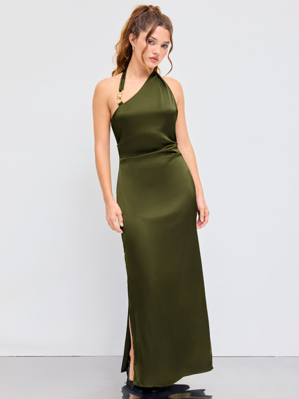 Satin Halter Neckline Solid Buckle Maxi Dress