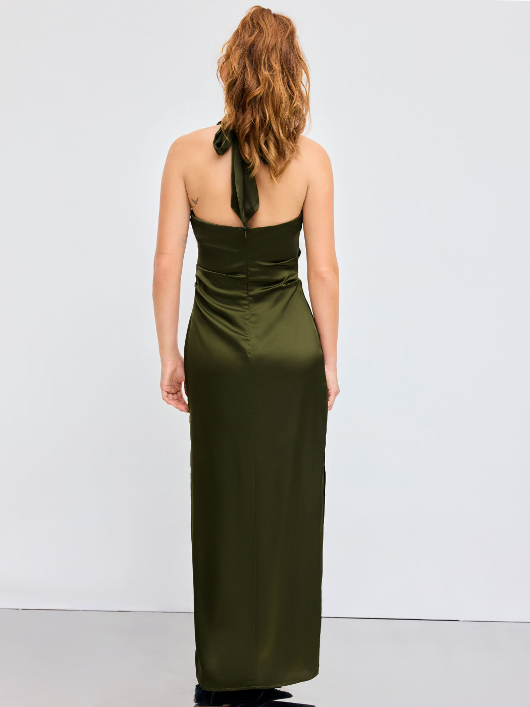 Satin Halter Neckline Solid Buckle Maxi Dress