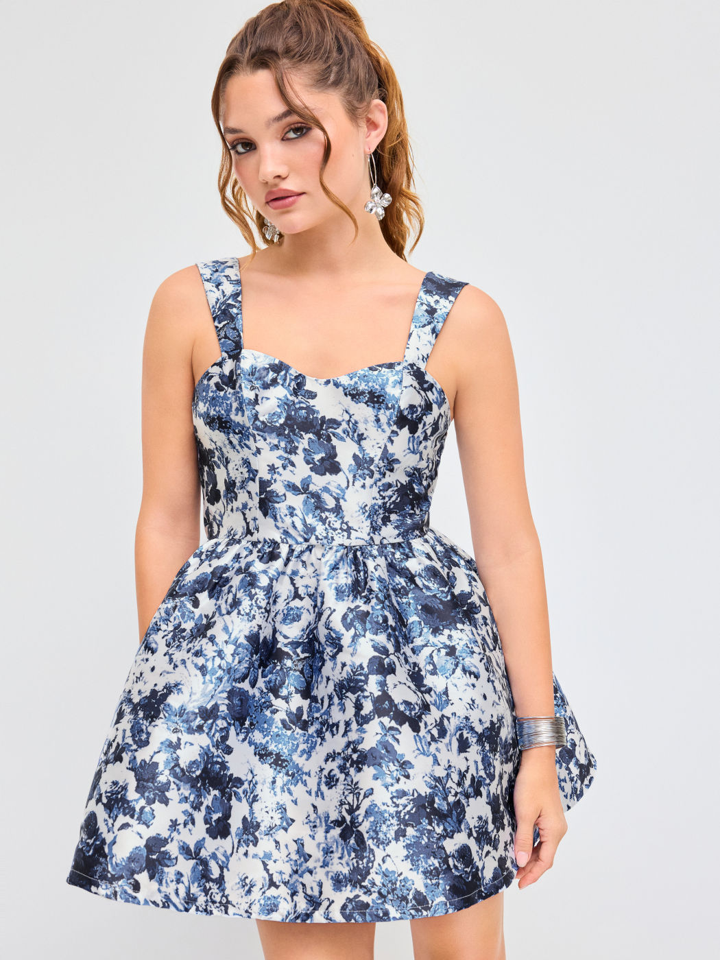 Jacquard U-neckline Floral Ruffle Mini Dress