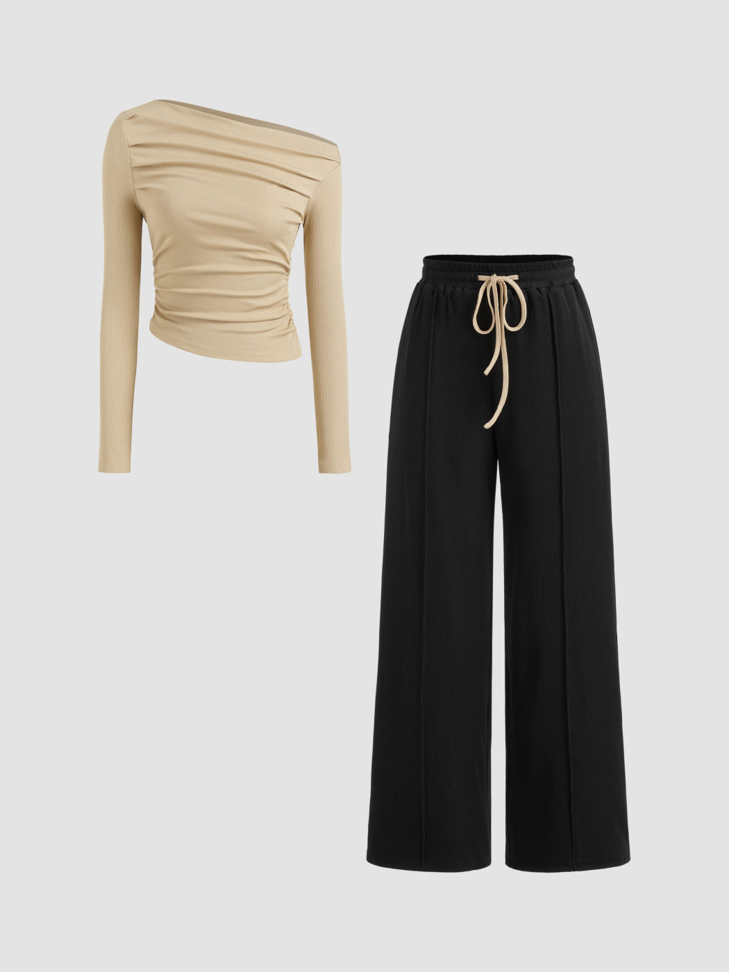 Asymmetrical Neck Ruched Top & Mid Rise Drawstring Wide Leg Trousers Set