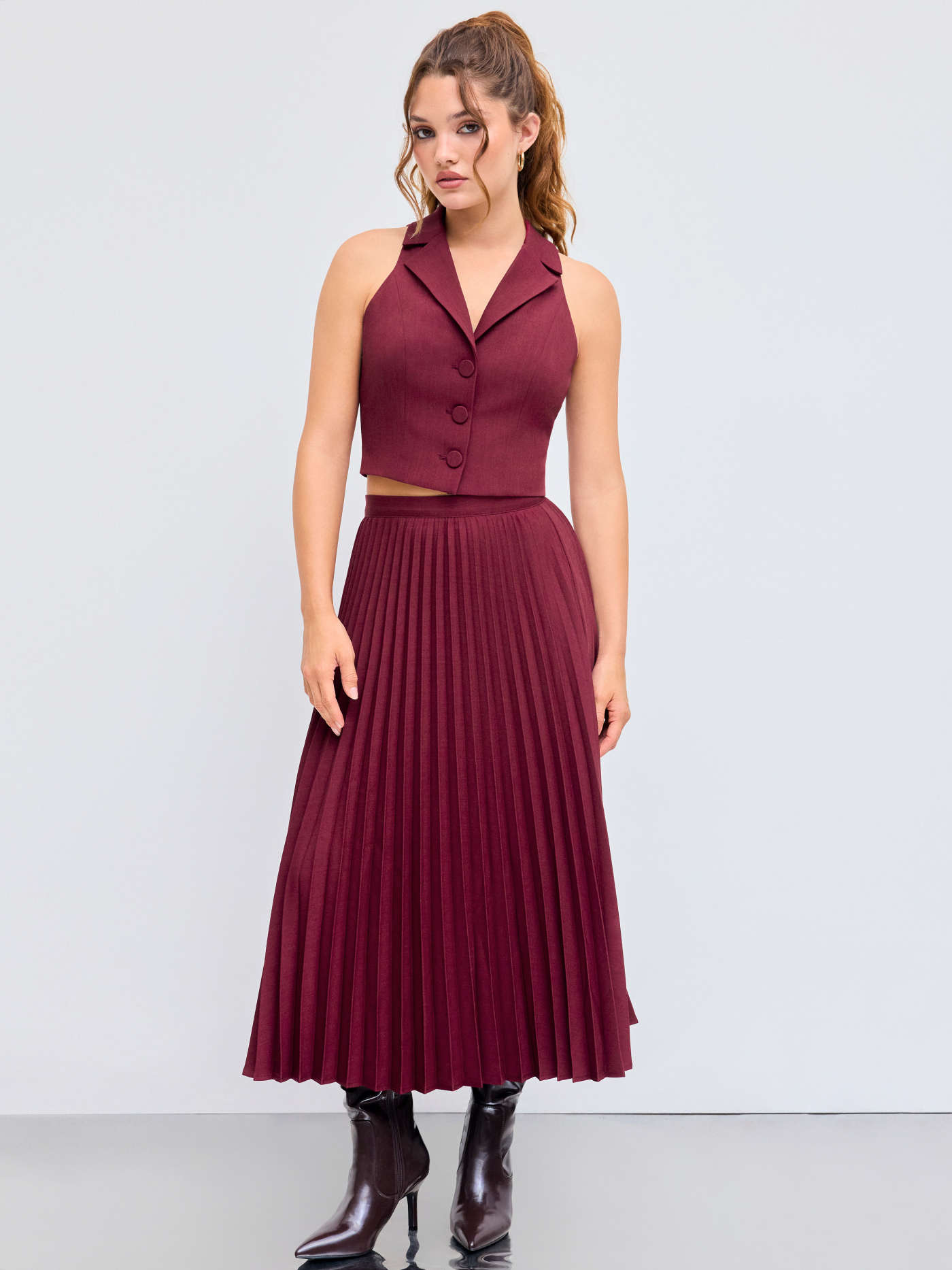 Mid Rise Pleated Midi Skirt