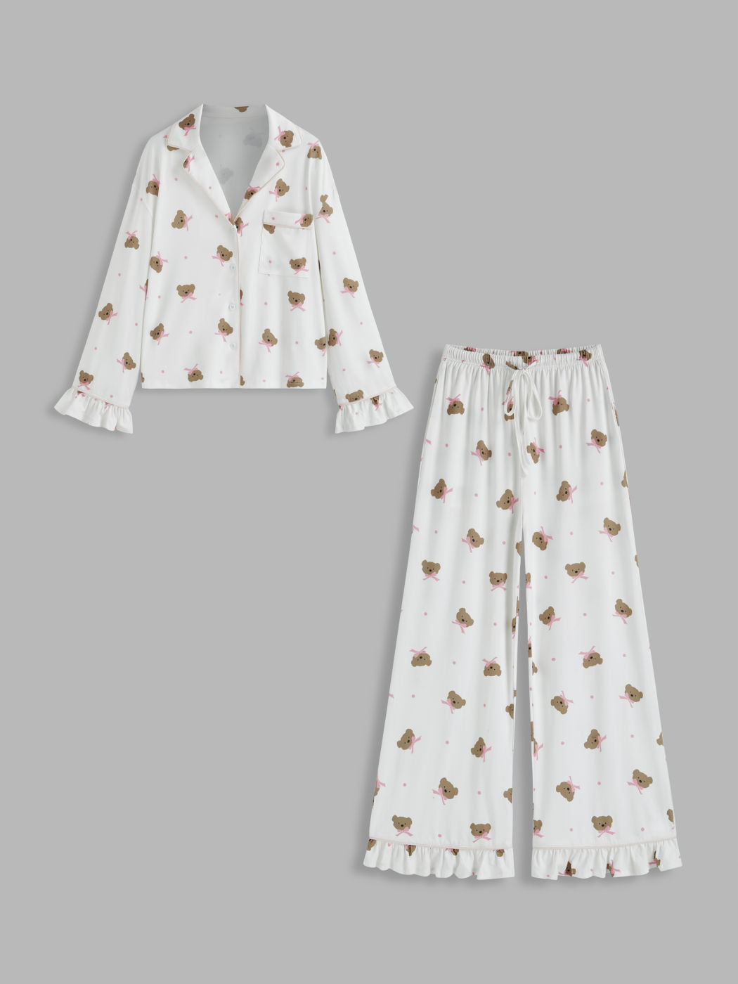 Collar Bow Bear Graphic Top & Mid Rise Trousers Loungewear Set