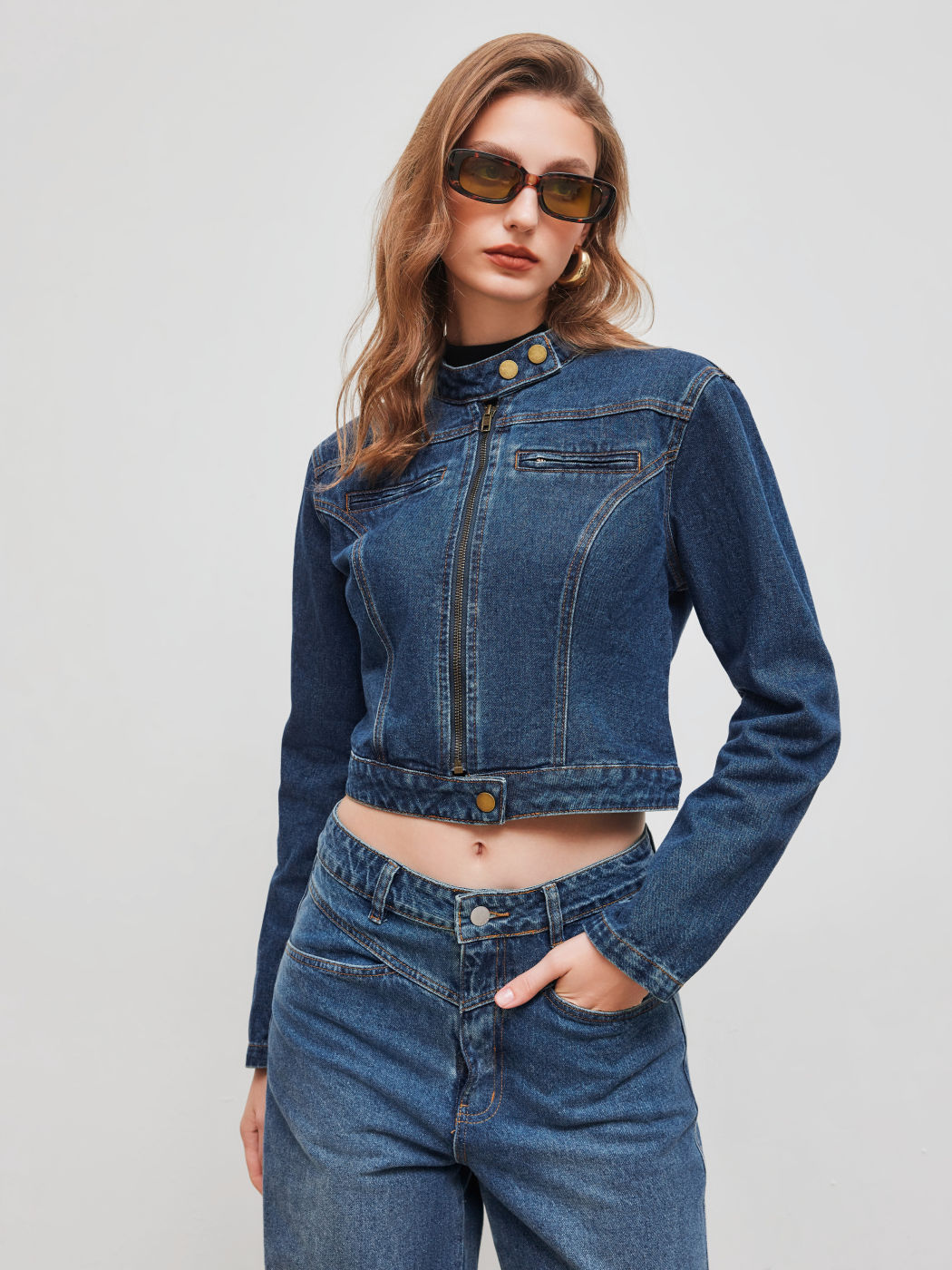 Denim Stand Collar Tasca solida con bottoni Giacca con cerniera