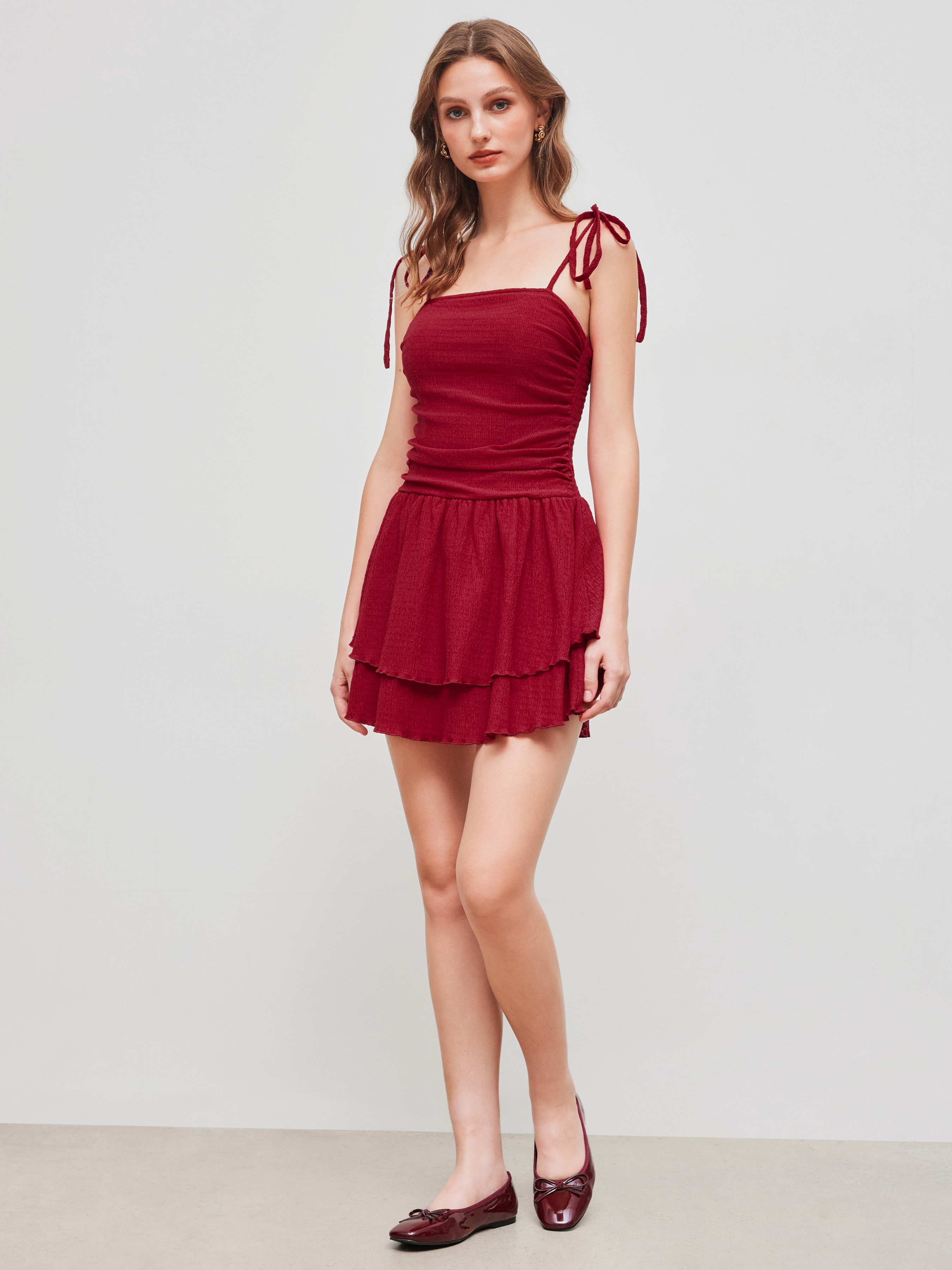 Square Neck Solid Ruched Knotted Layered Mini Dress