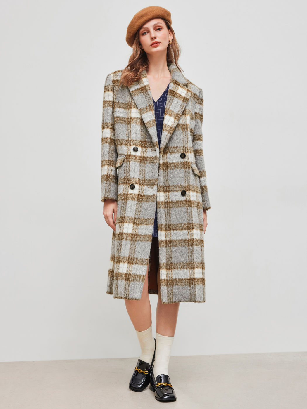 Wool-blend Collar Checks Button Pocket Long Coat