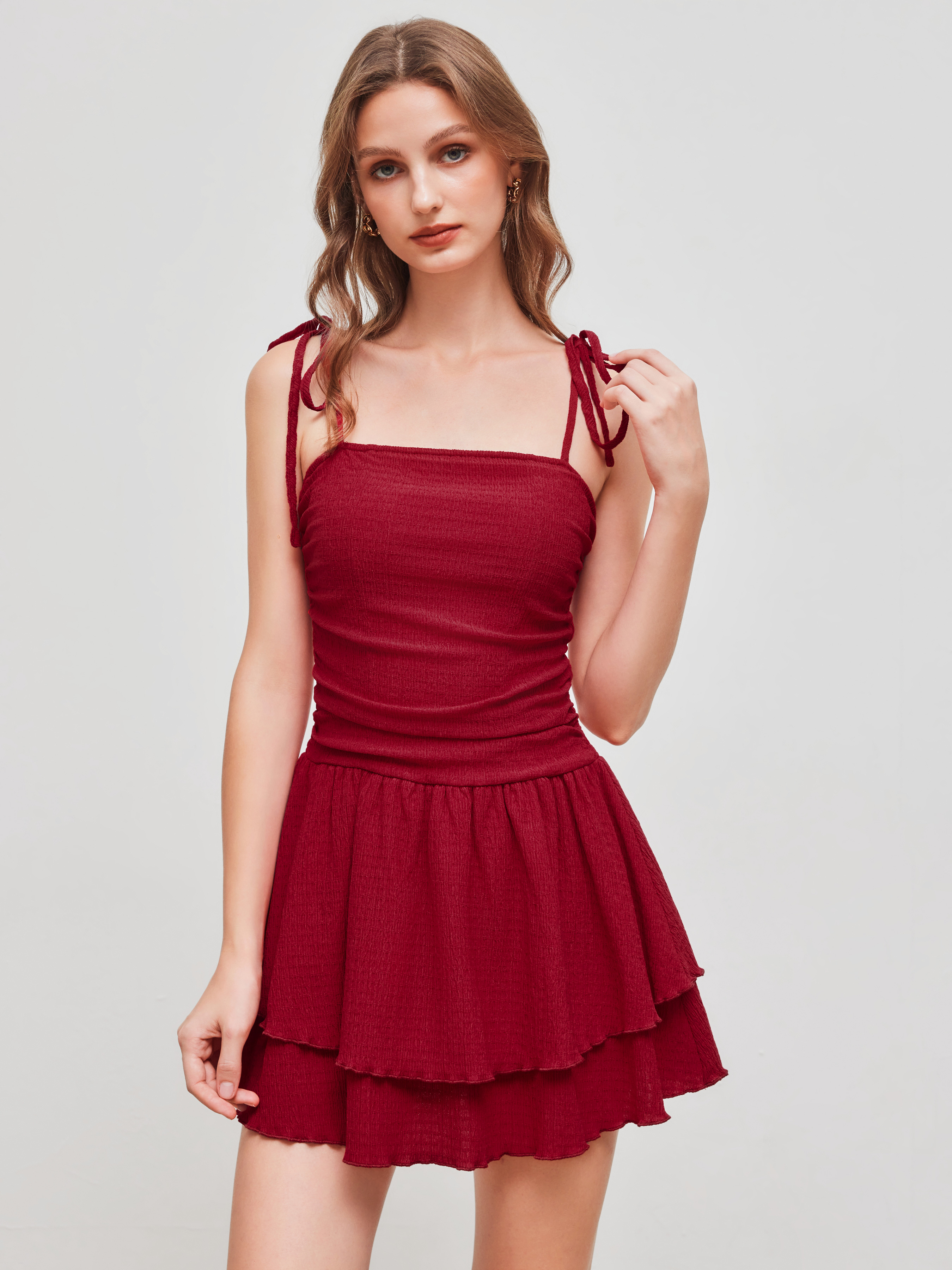 Square Neck Solid Ruched Knotted Layered Mini Dress