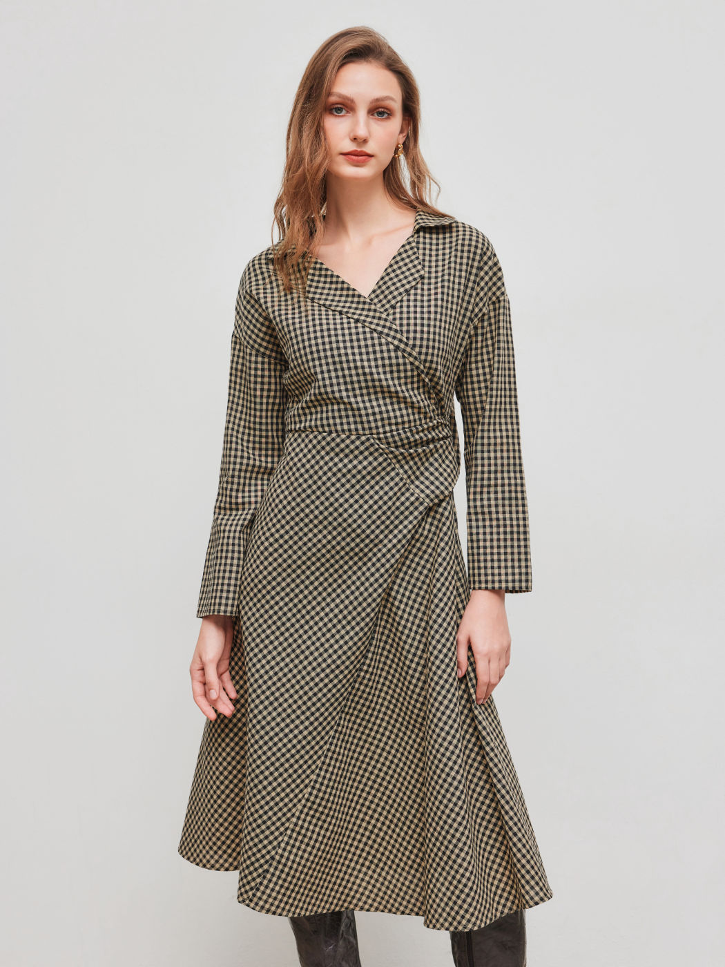 Cotton-blend Collar Gingham Bowknot Midi Dress
