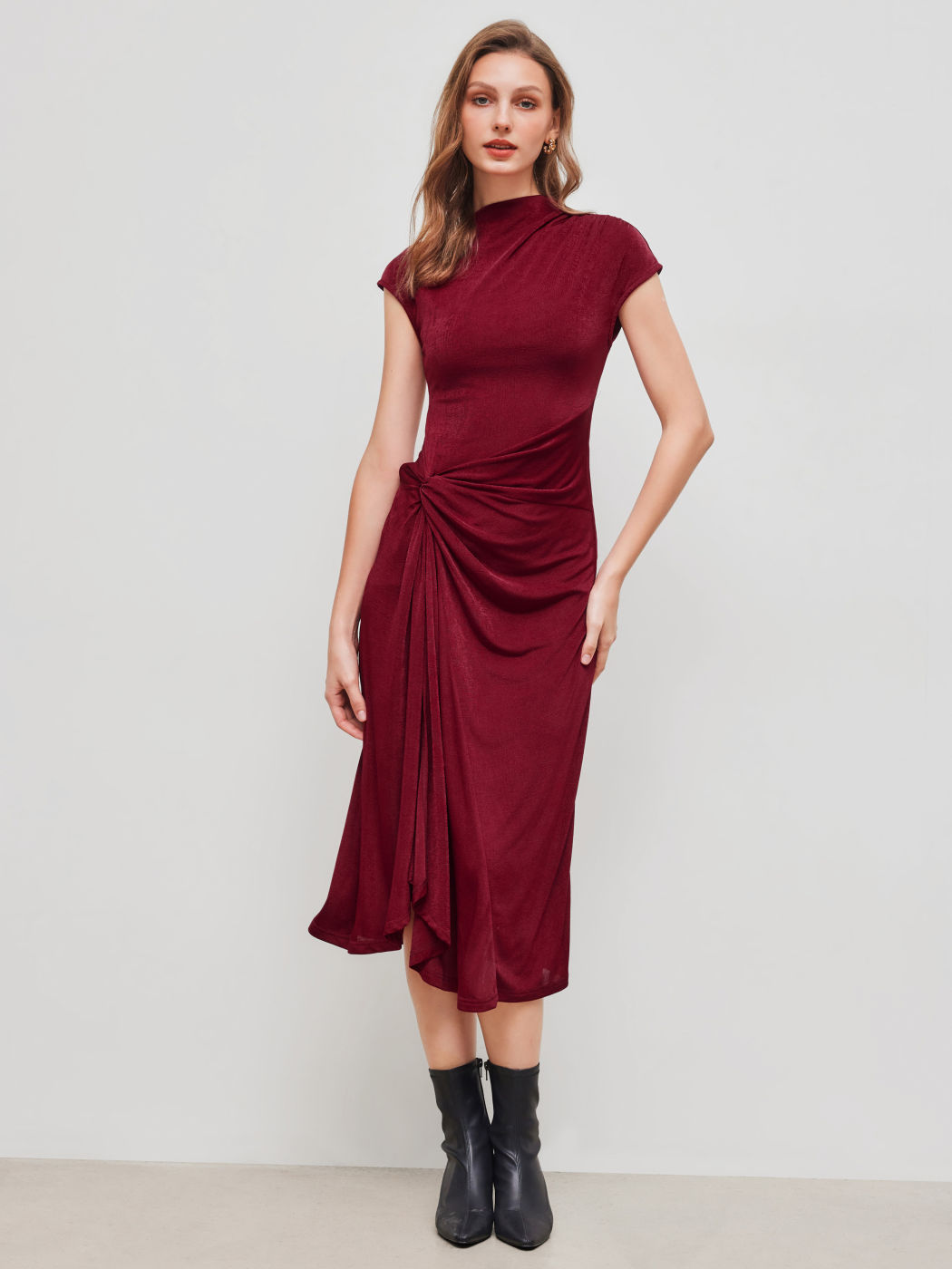 High Neck Solid Twist Ruched Split Maxi Dress
