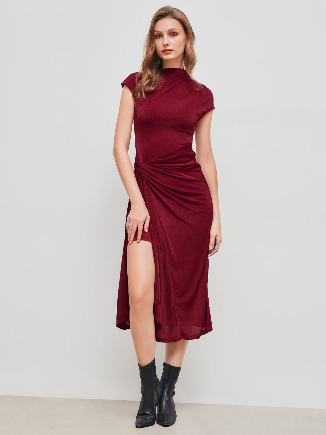 High Neck Solid Twist Ruched Split Maxi Dress