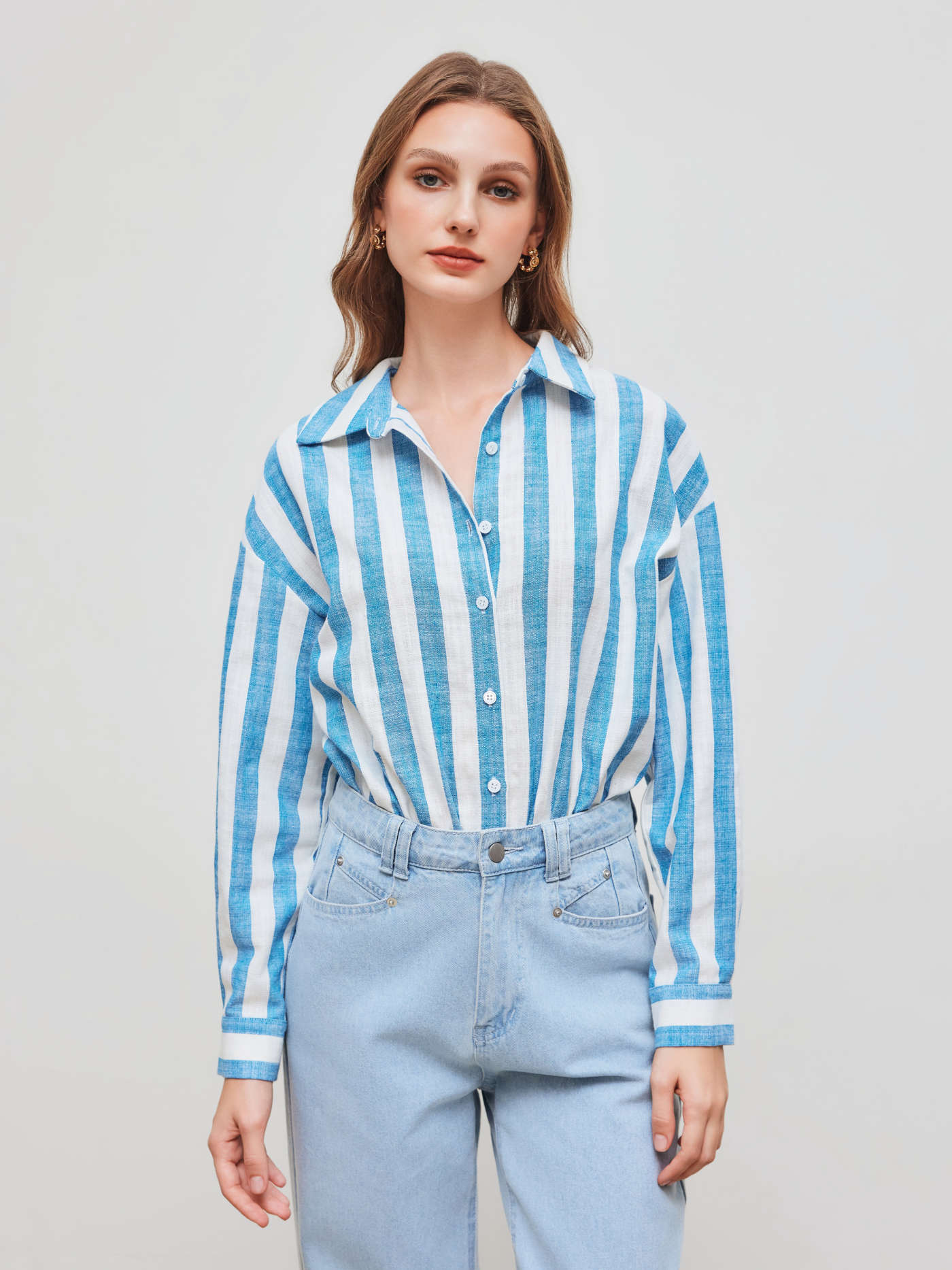 Linen-blend Collar Striped Bodysuit