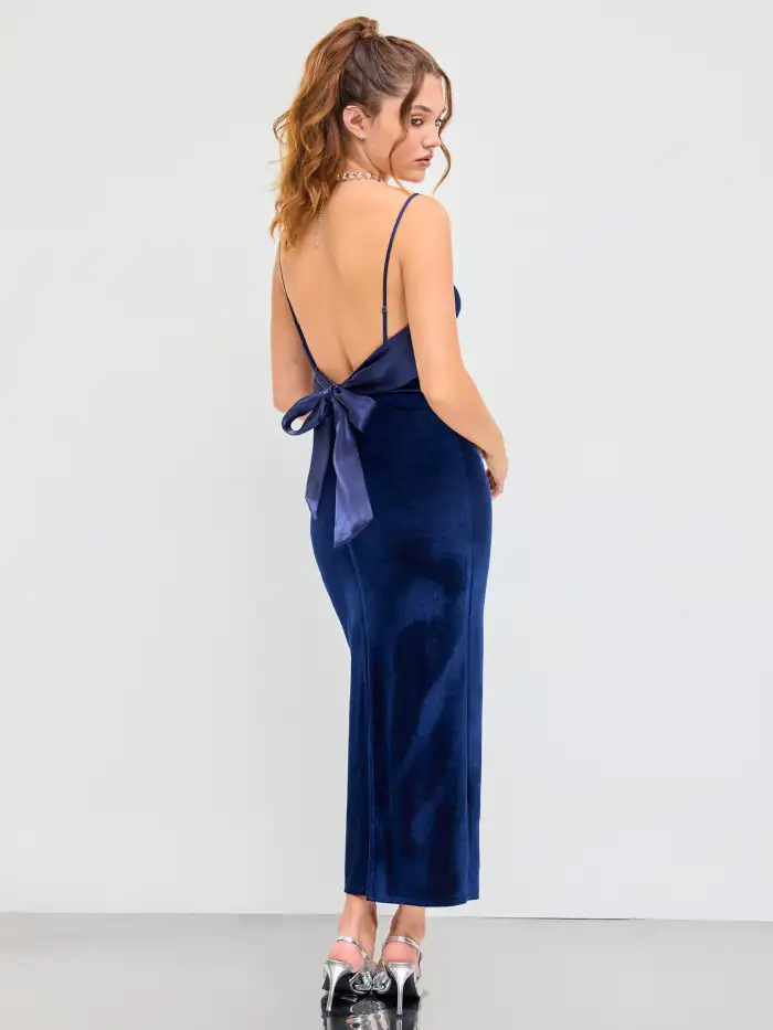 knee length dresses for ladies Charlize Black Velvet Halter-Neck Draped Maxi Dress – Club L London main image 1
