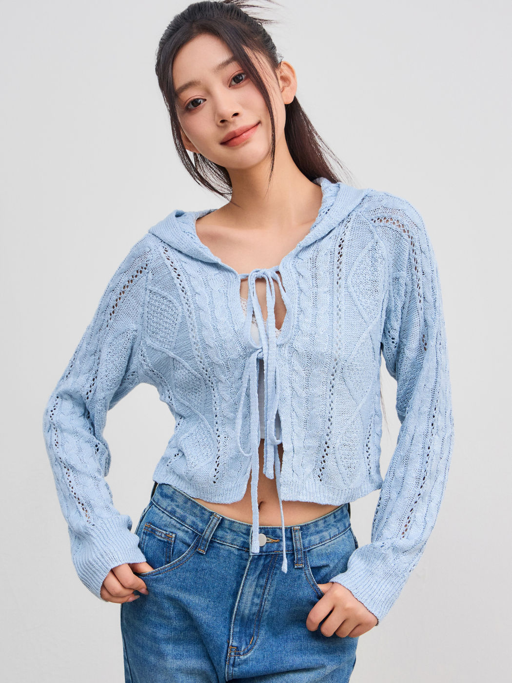 Kabelstrick Kapuzen Solid Krawatte Front Schleife Strickjacke