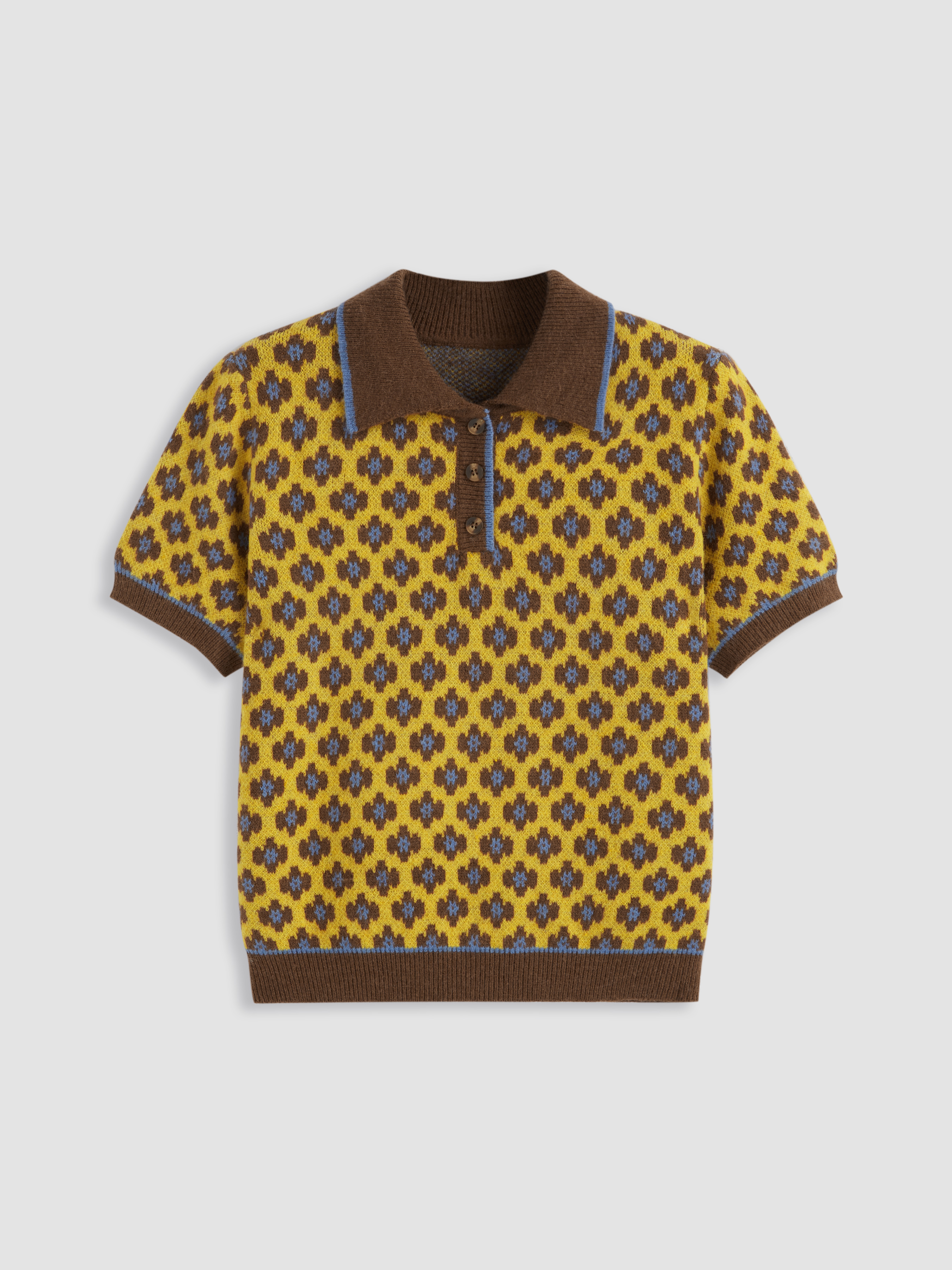 Knit Fabric Knit Collar Geometric Button Short Sleeve Top